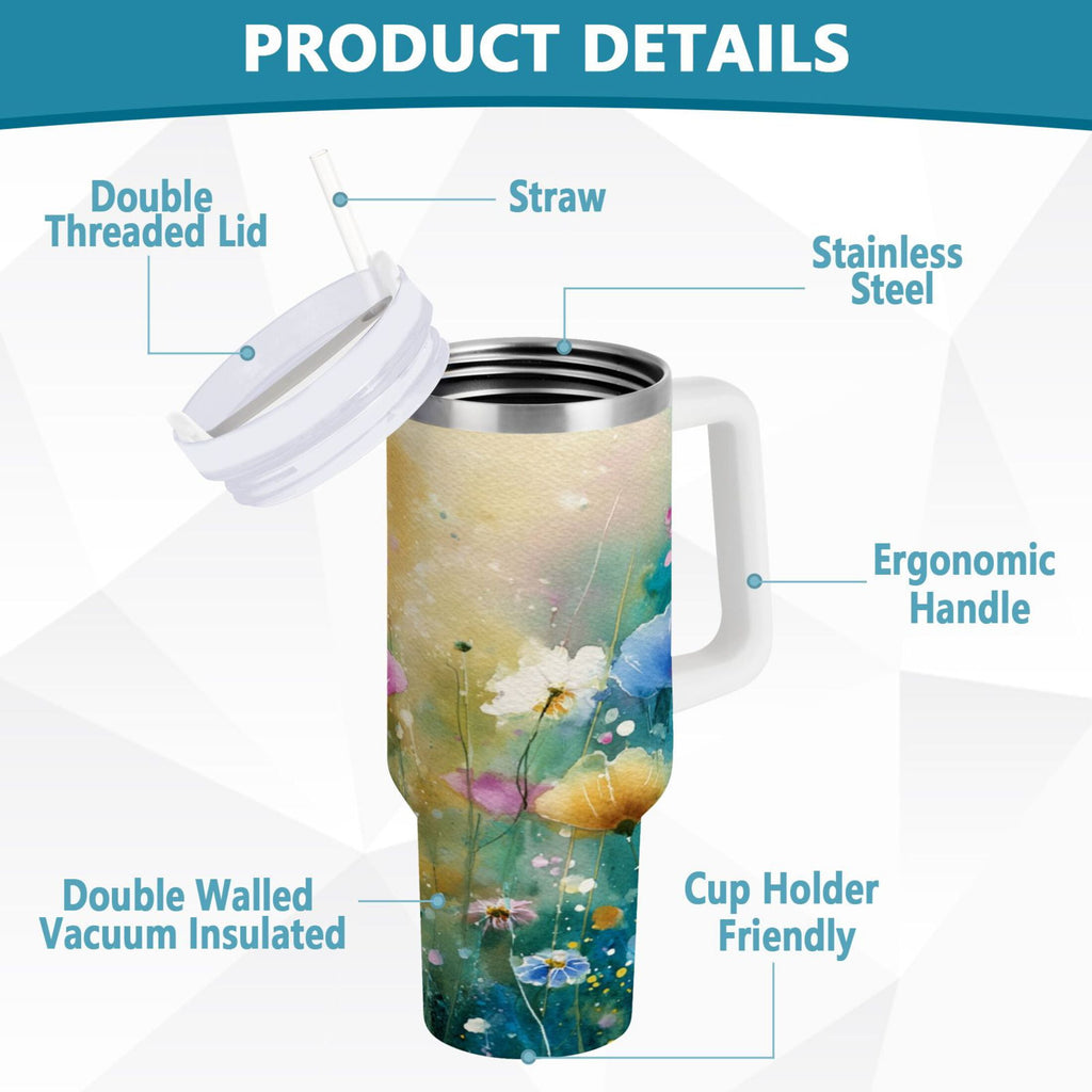 30 oz Insulated Stainless Steel Tumbler Double Wall Stainless Steel Tumbler with 2-Way Drinking Watercolor Wildflowers C563F