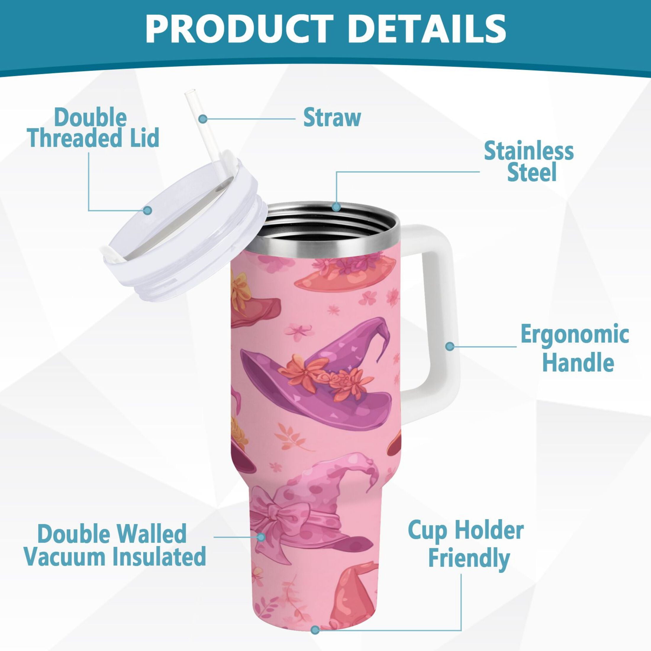 30 oz Insulated Stainless Steel Tumbler Double Wall Stainless Steel Tumbler with 2-Way Drinking Colorful Hat Pattern C543A