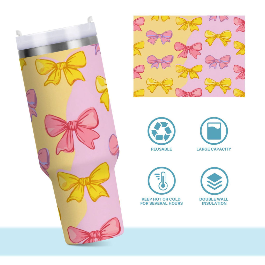 30 oz Insulated Stainless Steel Tumbler Double Wall Stainless Steel Tumbler with 2-Way Drinking Yellow and Pink Bows C566W