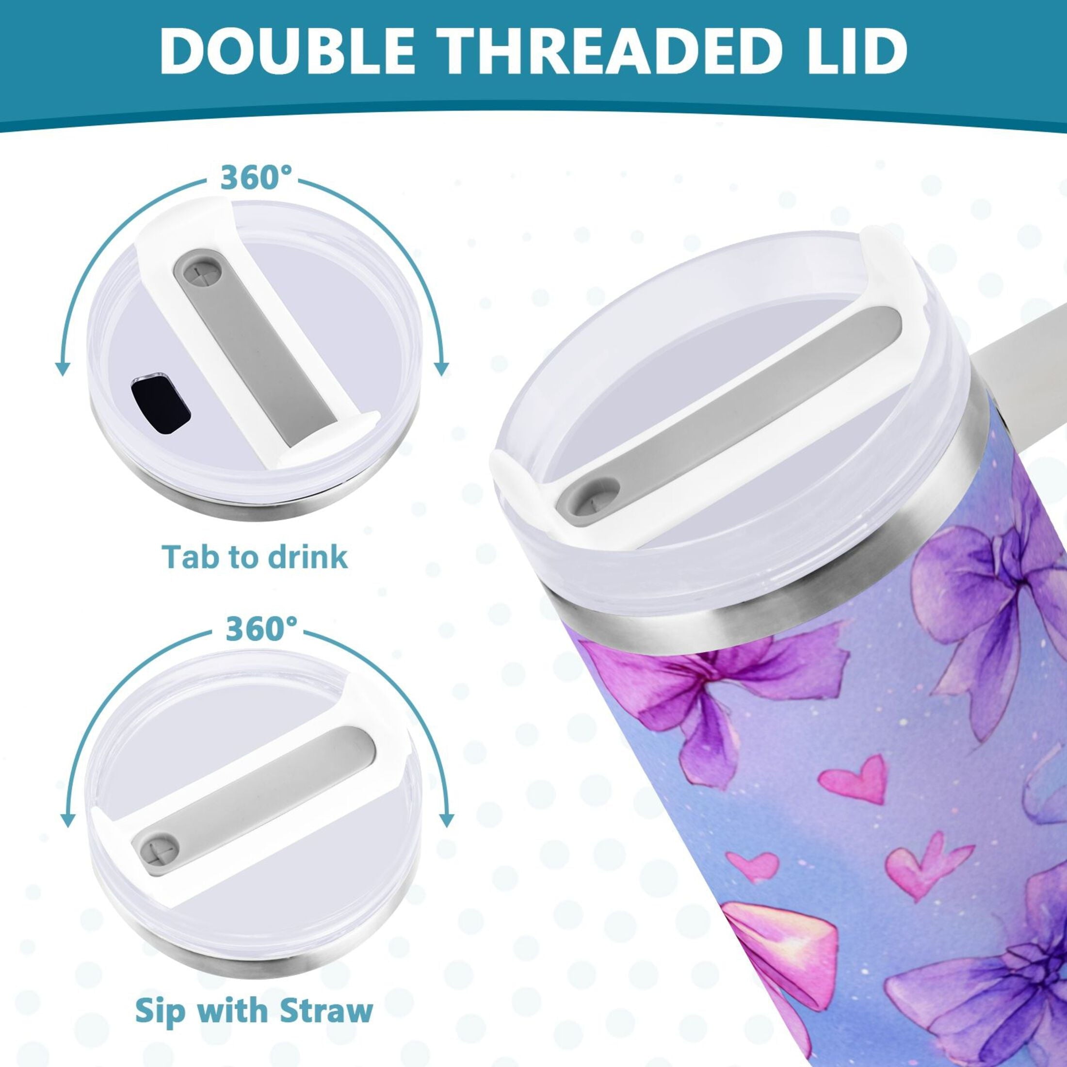 30 oz Insulated Stainless Steel Tumbler Double Wall Stainless Steel Tumbler with 2-Way Drinking Watercolor Bows Pattern C627L