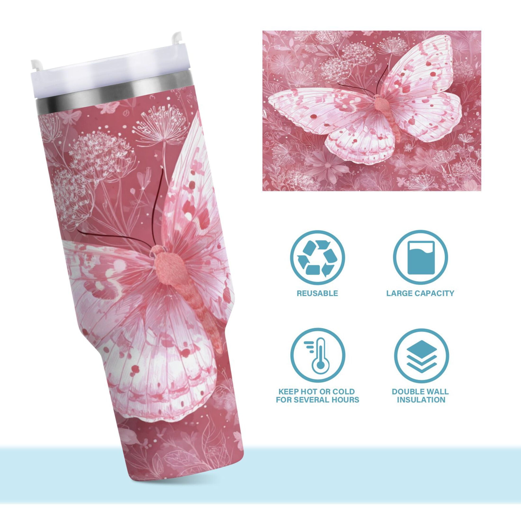 30 oz Insulated Stainless Steel Tumbler Double Wall Stainless Steel Tumbler with 2-Way Drinking Soft Pink Butterfly C561Z