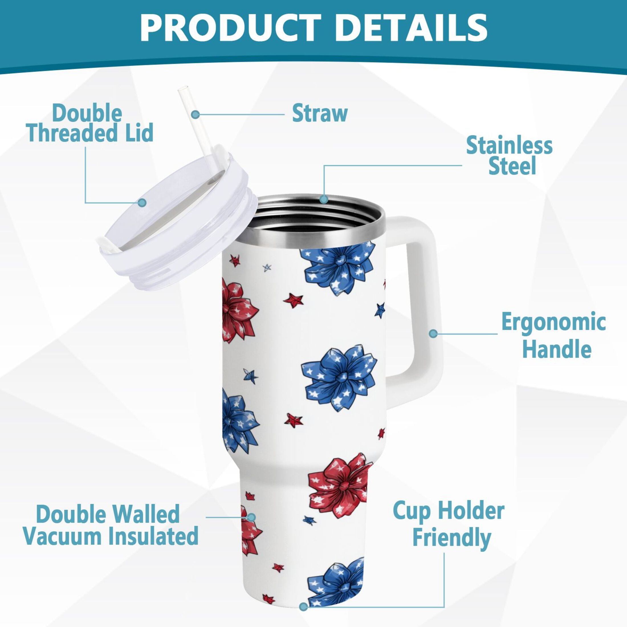 40 oz Insulated Stainless Steel Tumbler Double Wall Stainless Steel Tumbler with 2-Way Drinking Stars and Stripes Puttern Flower C521A