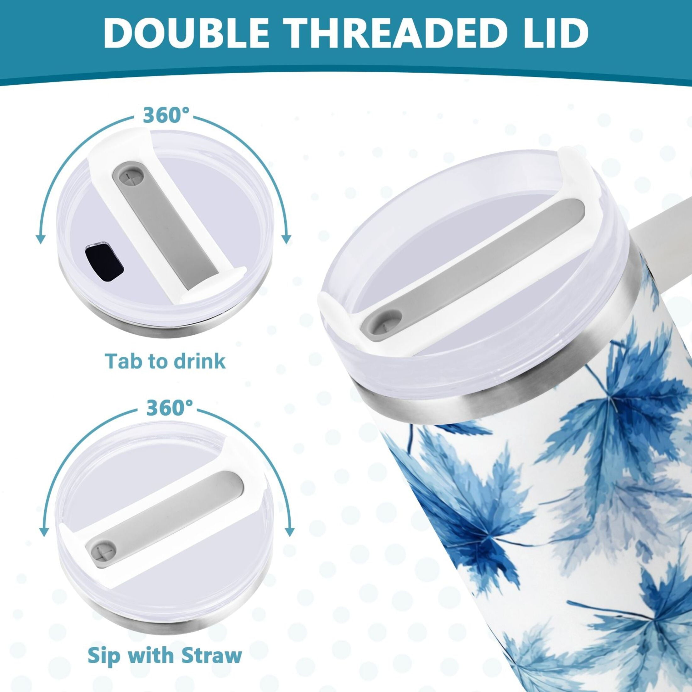30 oz Insulated Stainless Steel Tumbler Double Wall Stainless Steel Tumbler with 2-Way Drinking Abstract Blue Maple Leaves C581M