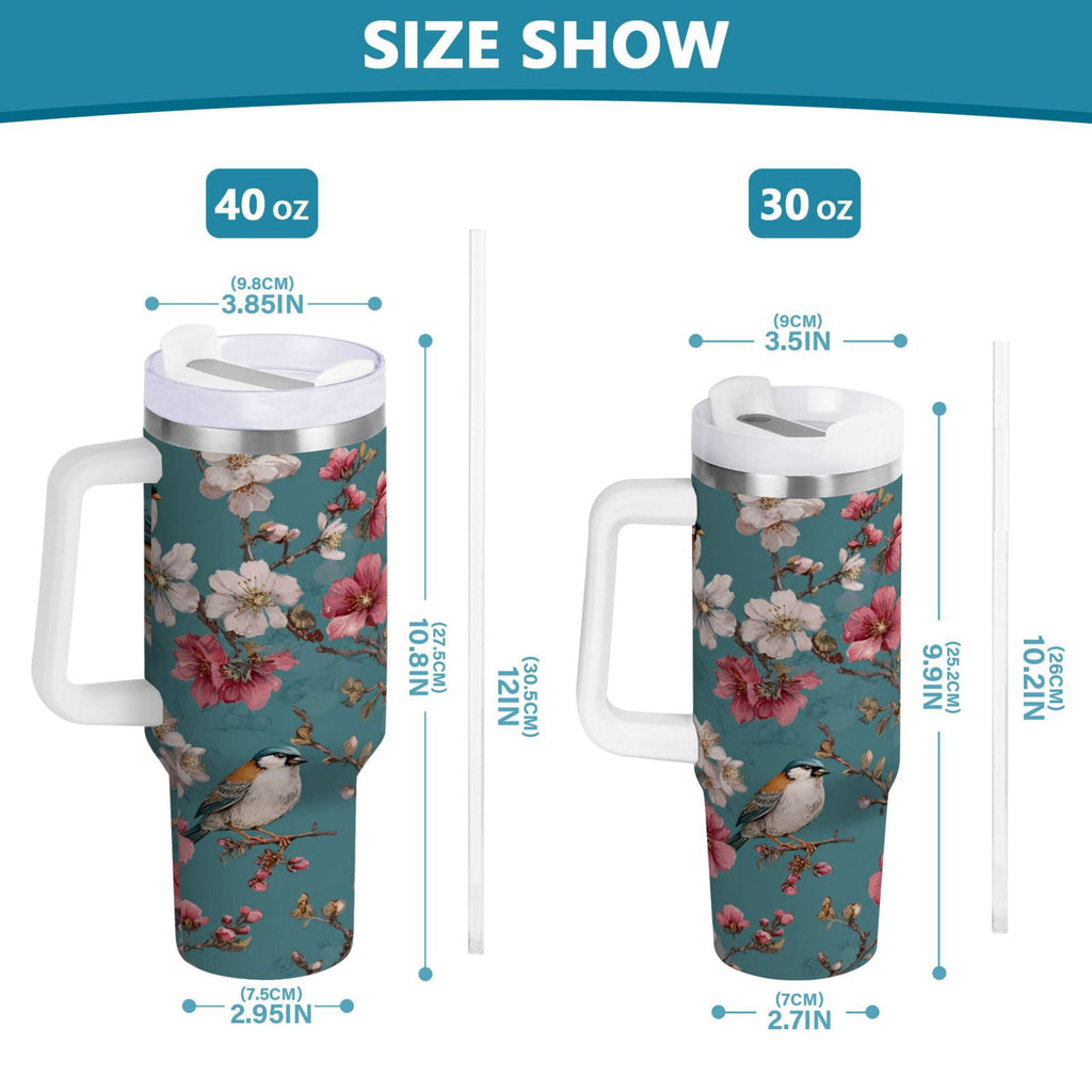 30 oz Insulated Stainless Steel Tumbler Double Wall Stainless Steel Tumbler with 2-Way Drinking Birds and Cherry Pattern C537C