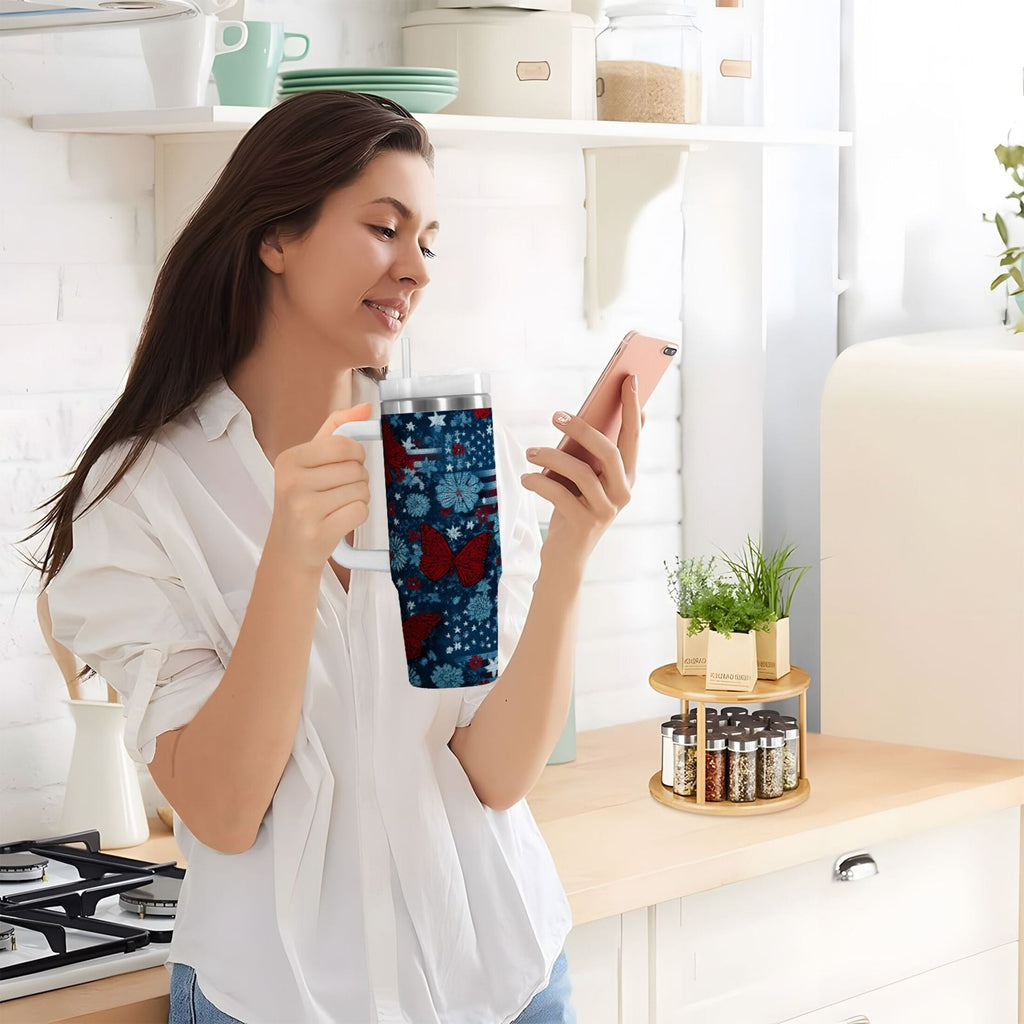 30 oz Insulated Stainless Steel Tumbler Double Wall Stainless Steel Tumbler with 2-Way Drinking Red Butterflies and Flags C621U