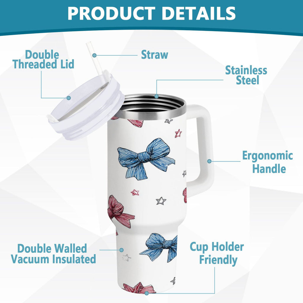 40 oz Insulated Stainless Steel Tumbler Double Wall Stainless Steel Tumbler with 2-Way Drinking Red and Blue Stripes Bows C510P