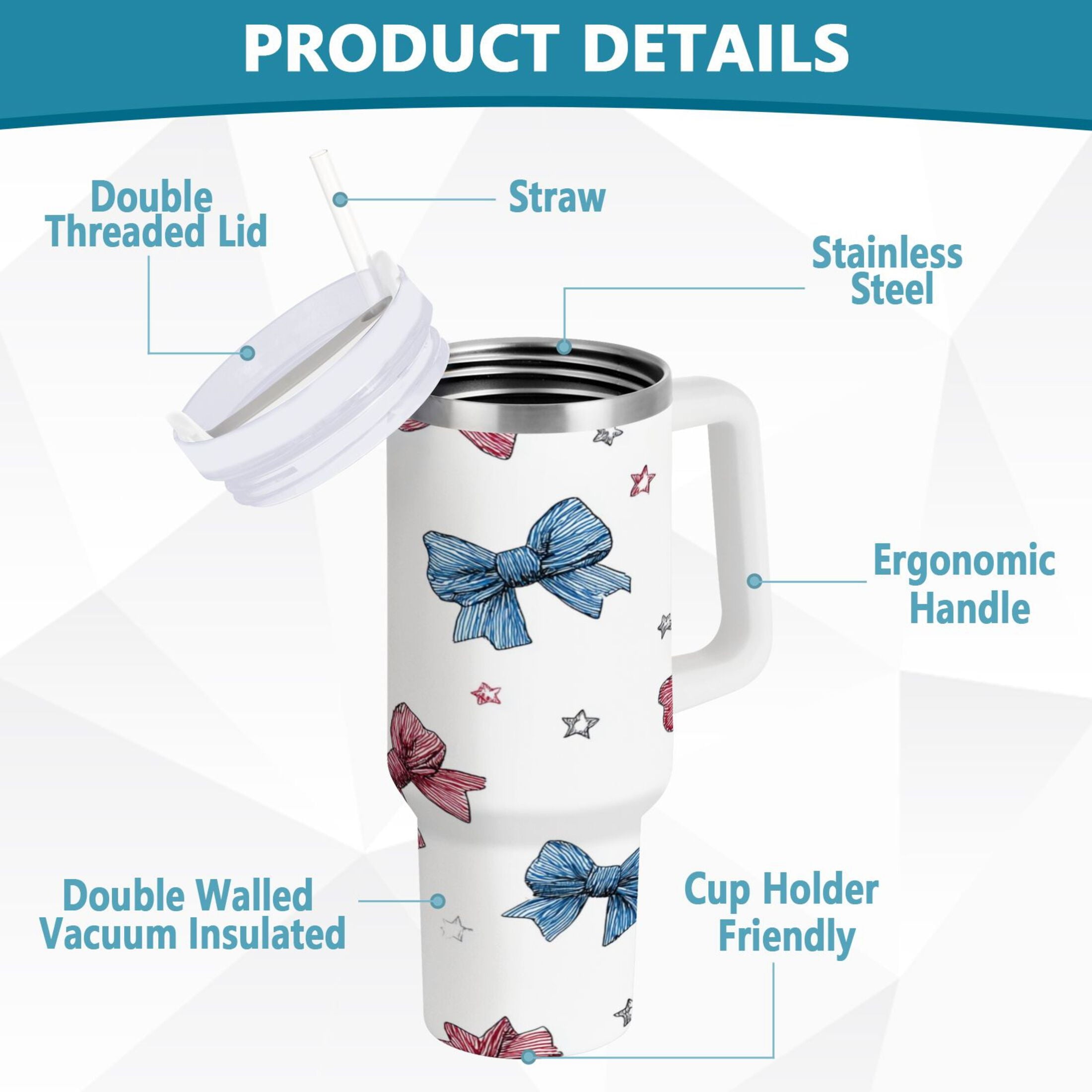 40 oz Insulated Stainless Steel Tumbler Double Wall Stainless Steel Tumbler with 2-Way Drinking Red and Blue Stripes Bows C510P