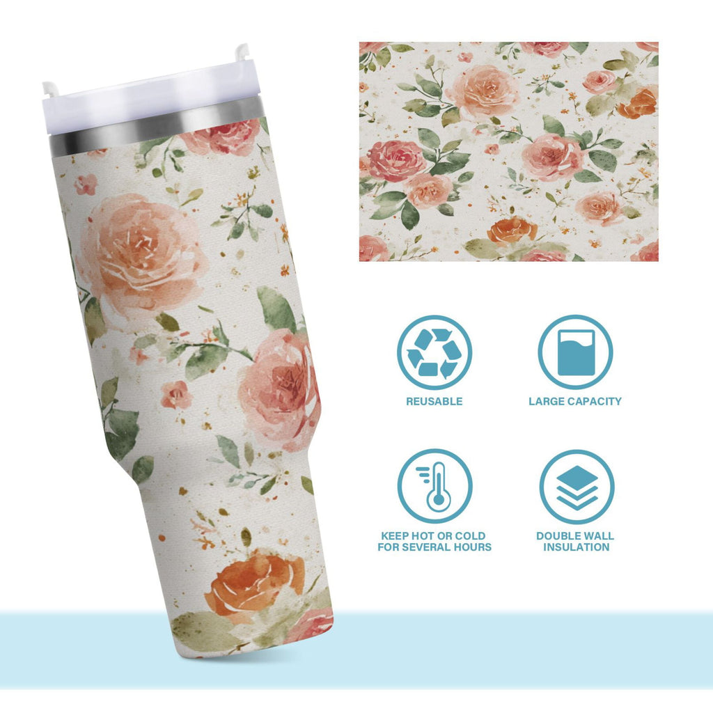 40 oz Insulated Stainless Steel Tumbler Double Wall Stainless Steel Tumbler with 2-Way Drinking Watercolor Rose Floral Pattern C499N