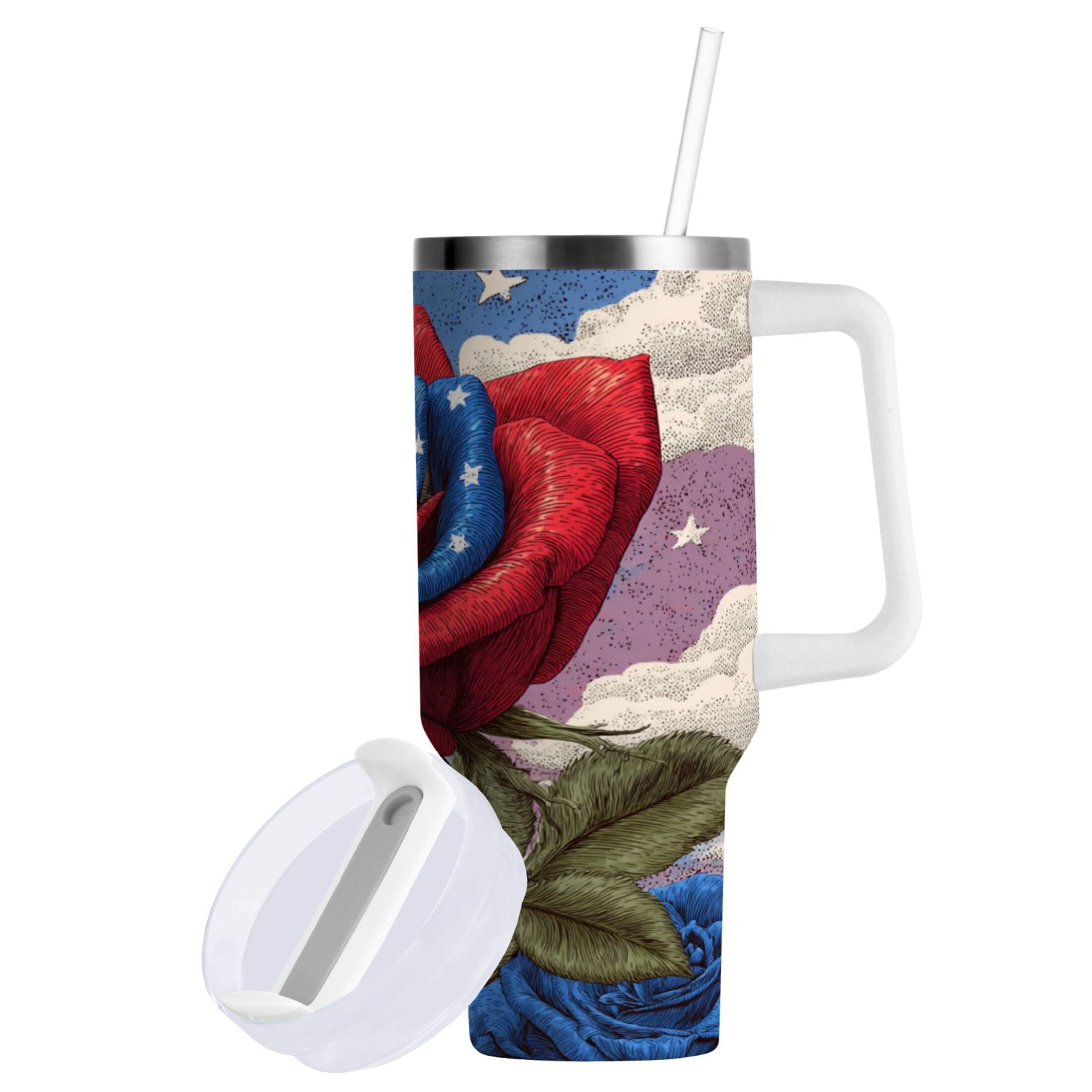 40 oz Insulated Stainless Steel Tumbler Double Wall Stainless Steel Tumbler with 2-Way Drinking Roses and Clouds C523F