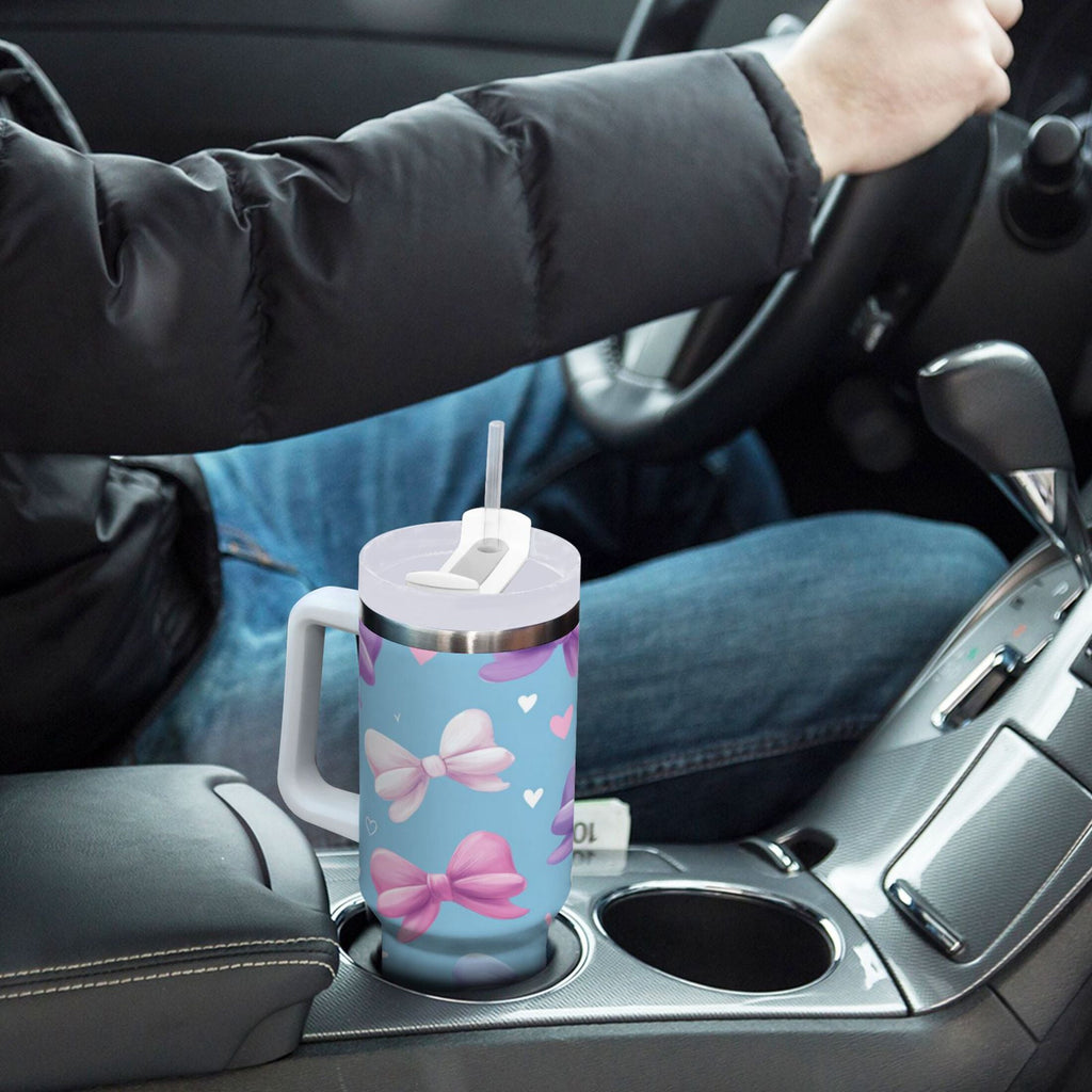 30 oz Insulated Stainless Steel Tumbler Double Wall Stainless Steel Tumbler with 2-Way Drinking Pink and Purple Bows C526T