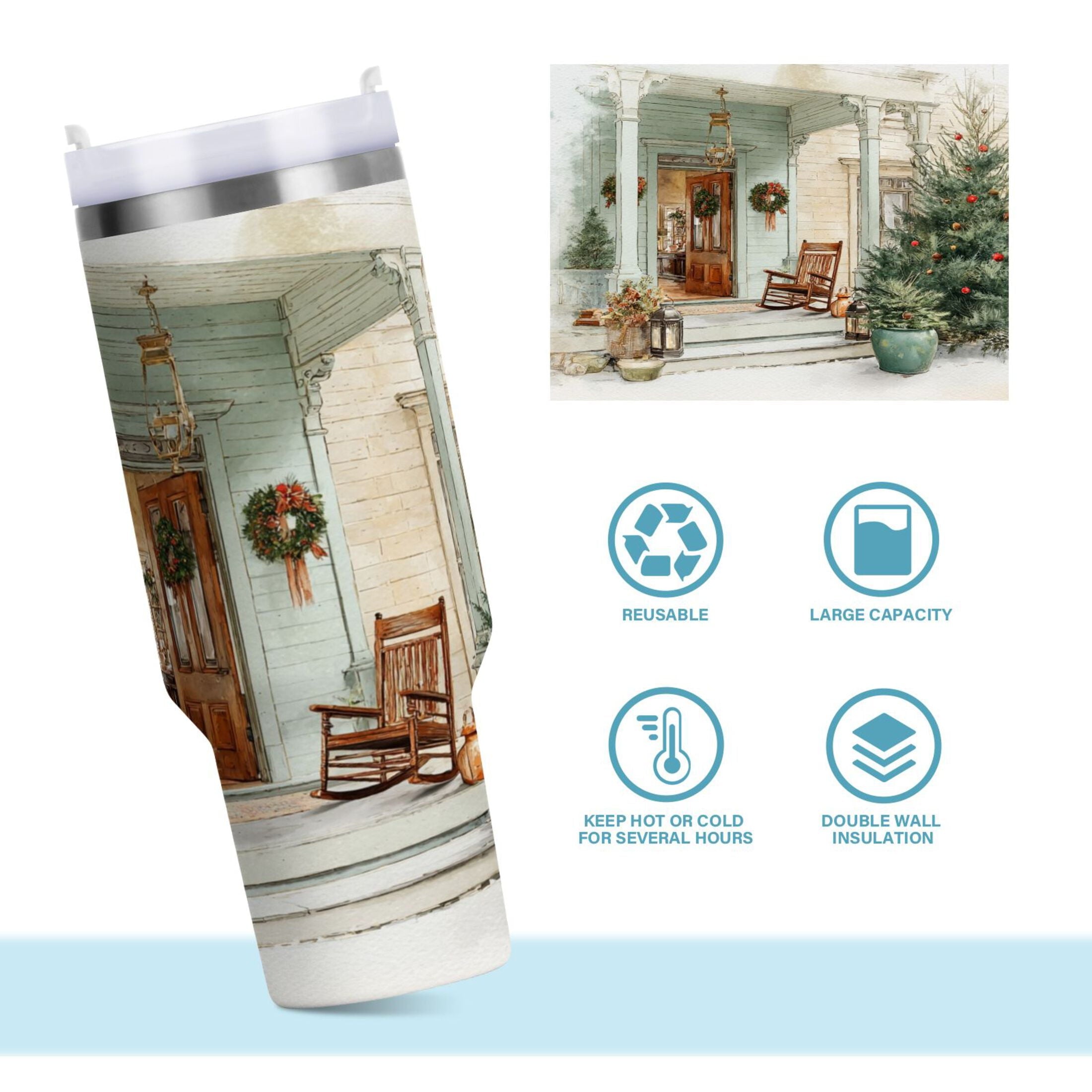 30 oz Insulated Stainless Steel Tumbler Double Wall Stainless Steel Tumbler with 2-Way Drinking Charming Christmas Doorway C670X