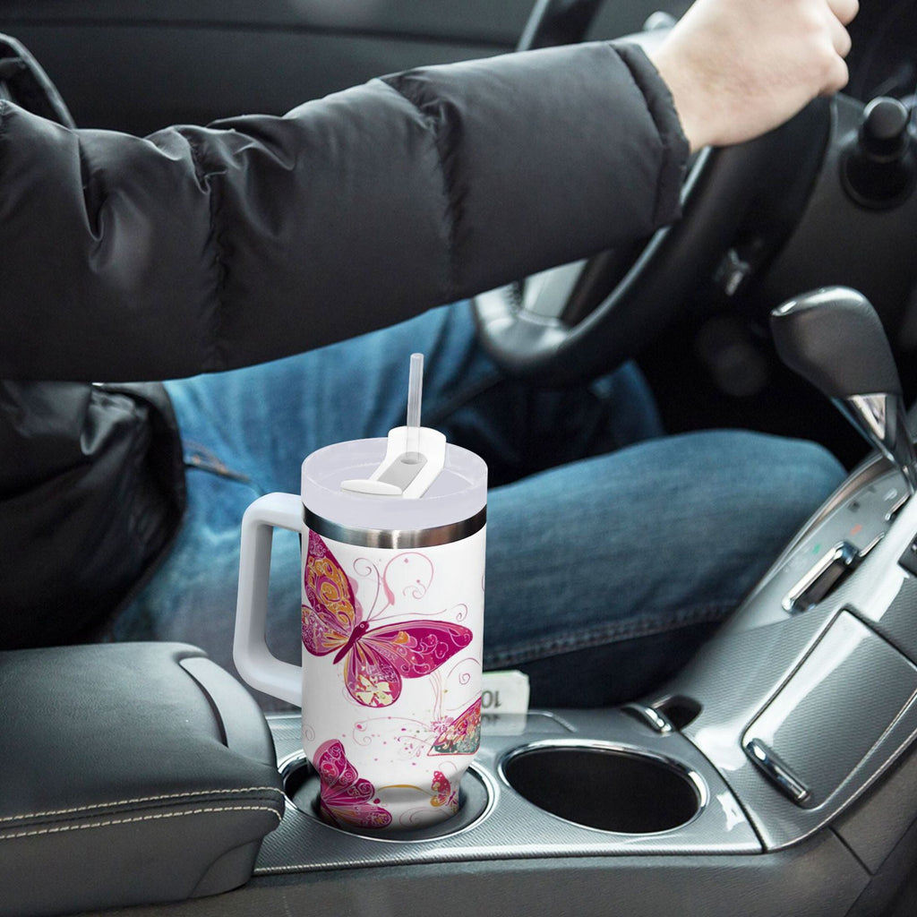 30 oz Insulated Stainless Steel Tumbler Double Wall Stainless Steel Tumbler with 2-Way Drinking Colorful Butterflies C605U