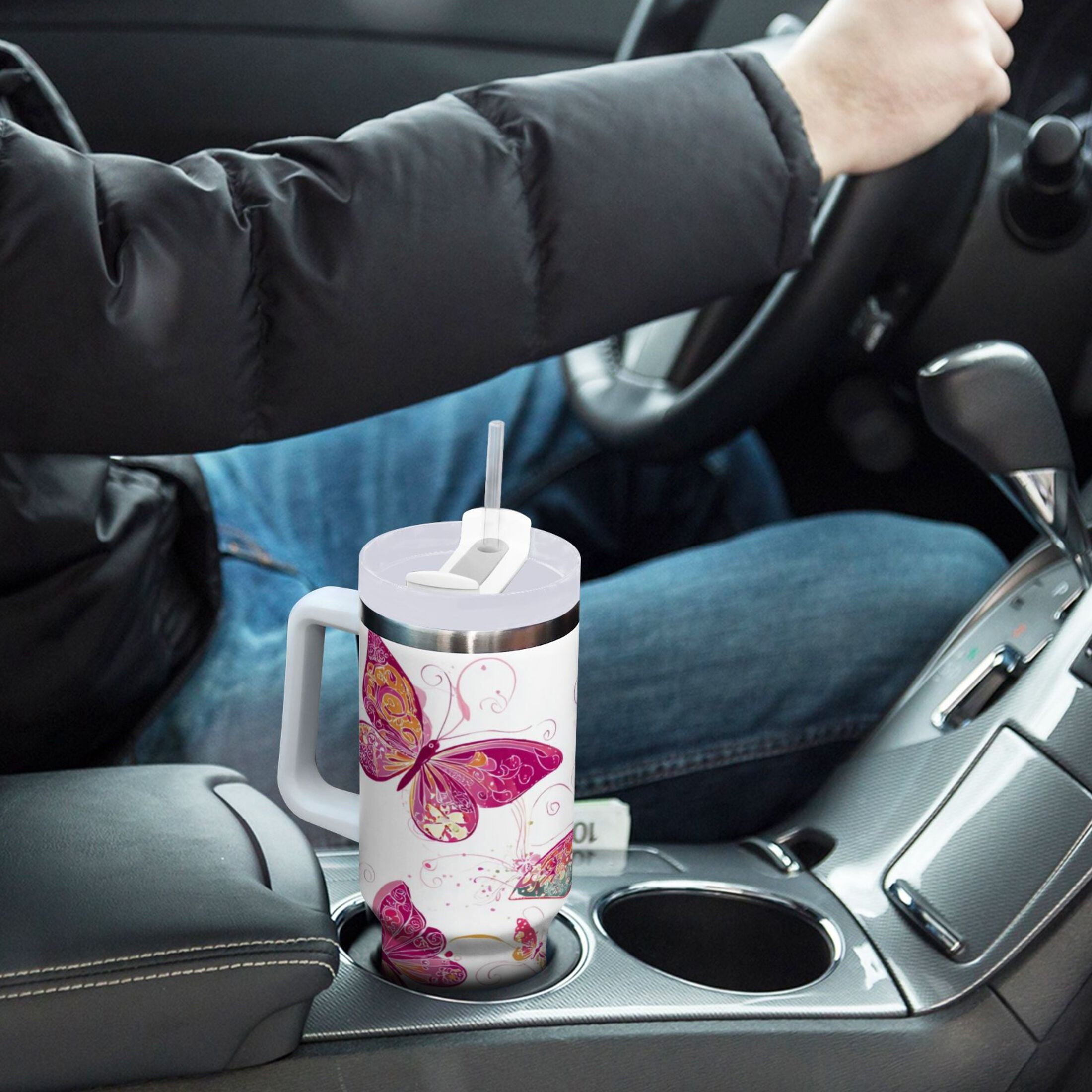 30 oz Insulated Stainless Steel Tumbler Double Wall Stainless Steel Tumbler with 2-Way Drinking Colorful Butterflies C605U