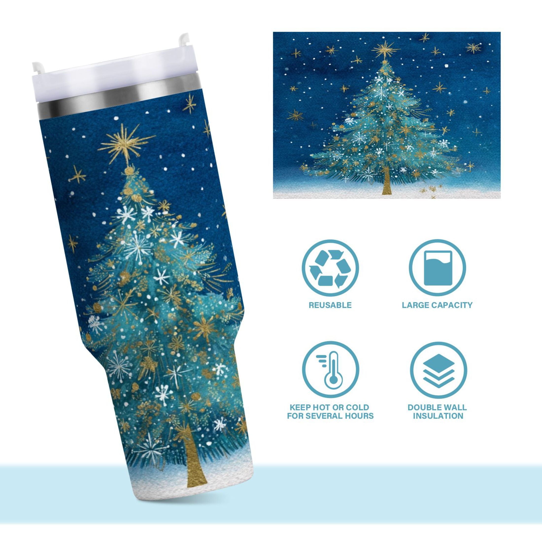 40 oz Insulated Stainless Steel Tumbler Double Wall Stainless Steel Tumbler with 2-Way Drinking Watercolor Christmas Tree C597C