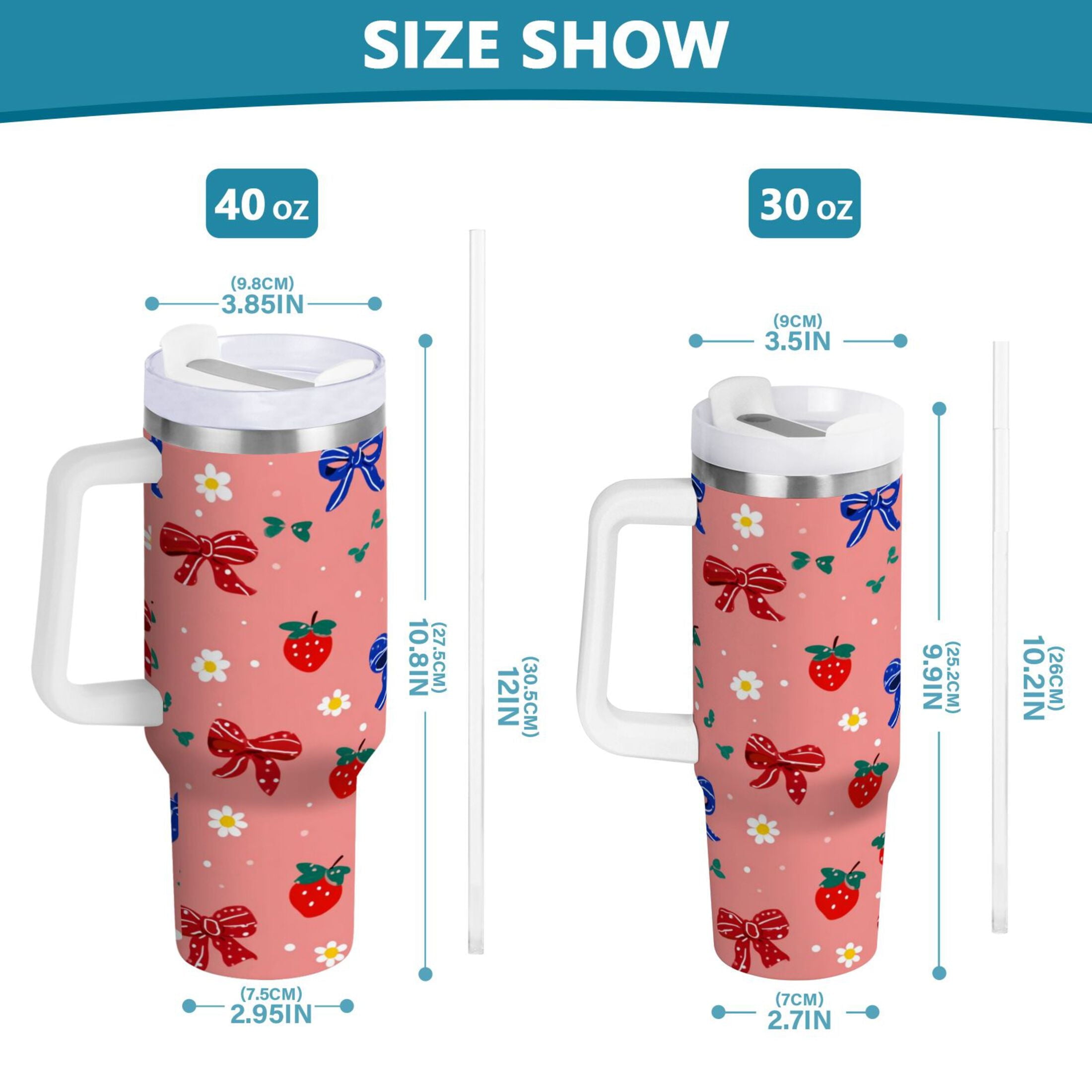 40 oz Insulated Stainless Steel Tumbler Double Wall Stainless Steel Tumbler with 2-Way Drinking Bows and Strawberries Pattern C511C