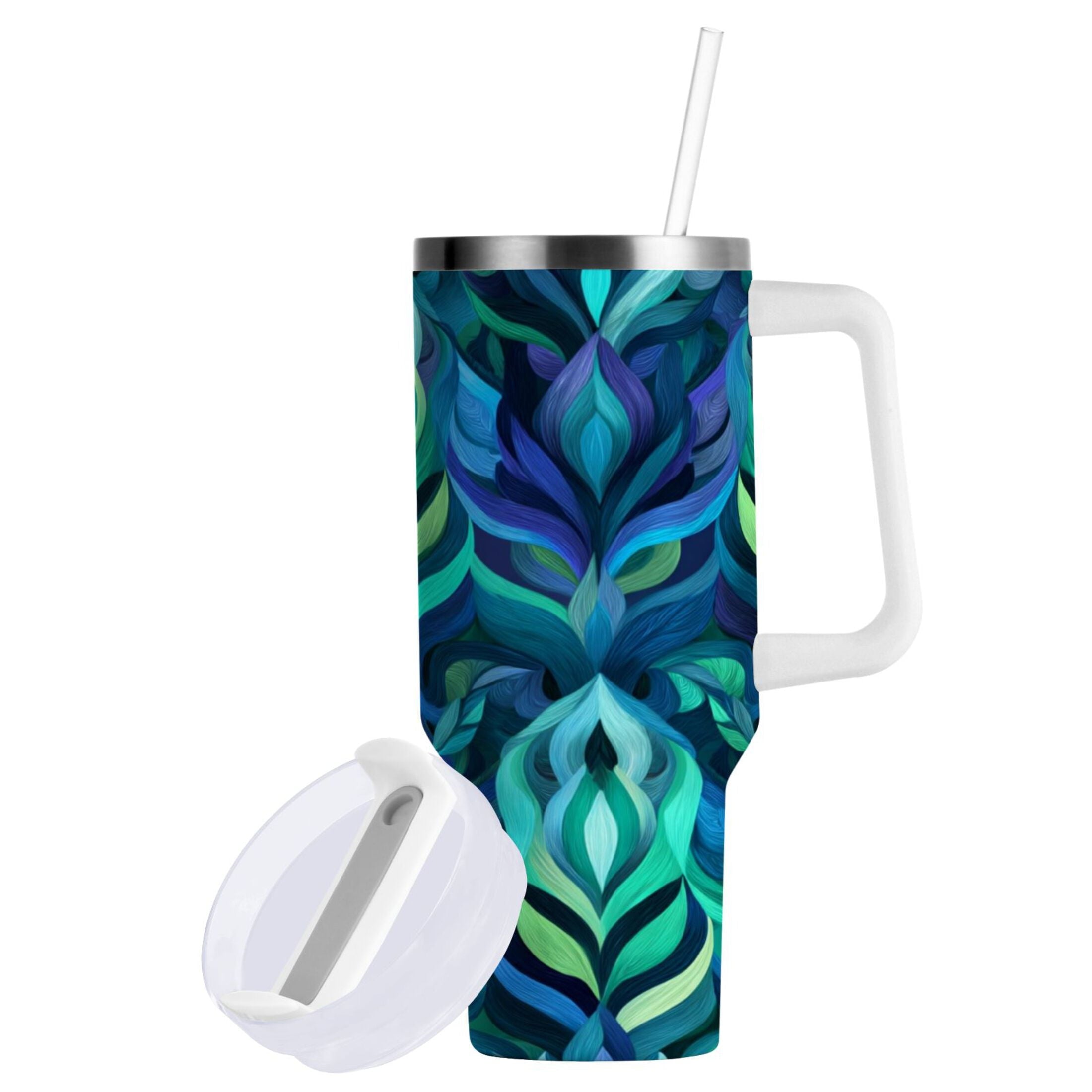 40 oz Insulated Stainless Steel Tumbler Double Wall Stainless Steel Tumbler with 2-Way Drinking Elegant Blue Abstract Shapes C609M