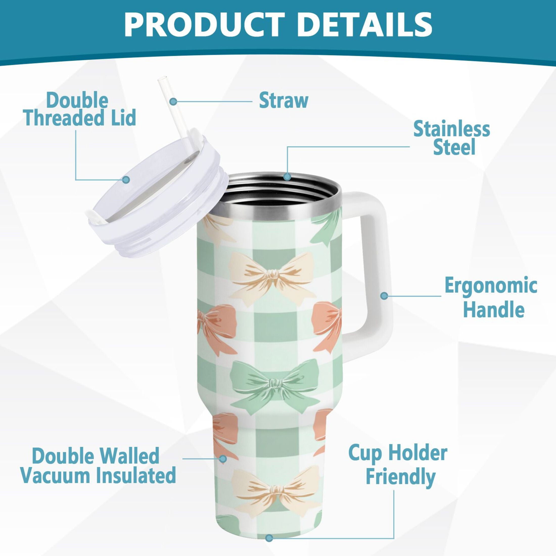 40 oz Insulated Stainless Steel Tumbler Double Wall Stainless Steel Tumbler with 2-Way Drinking Green and Peach Bow Pattern C544U