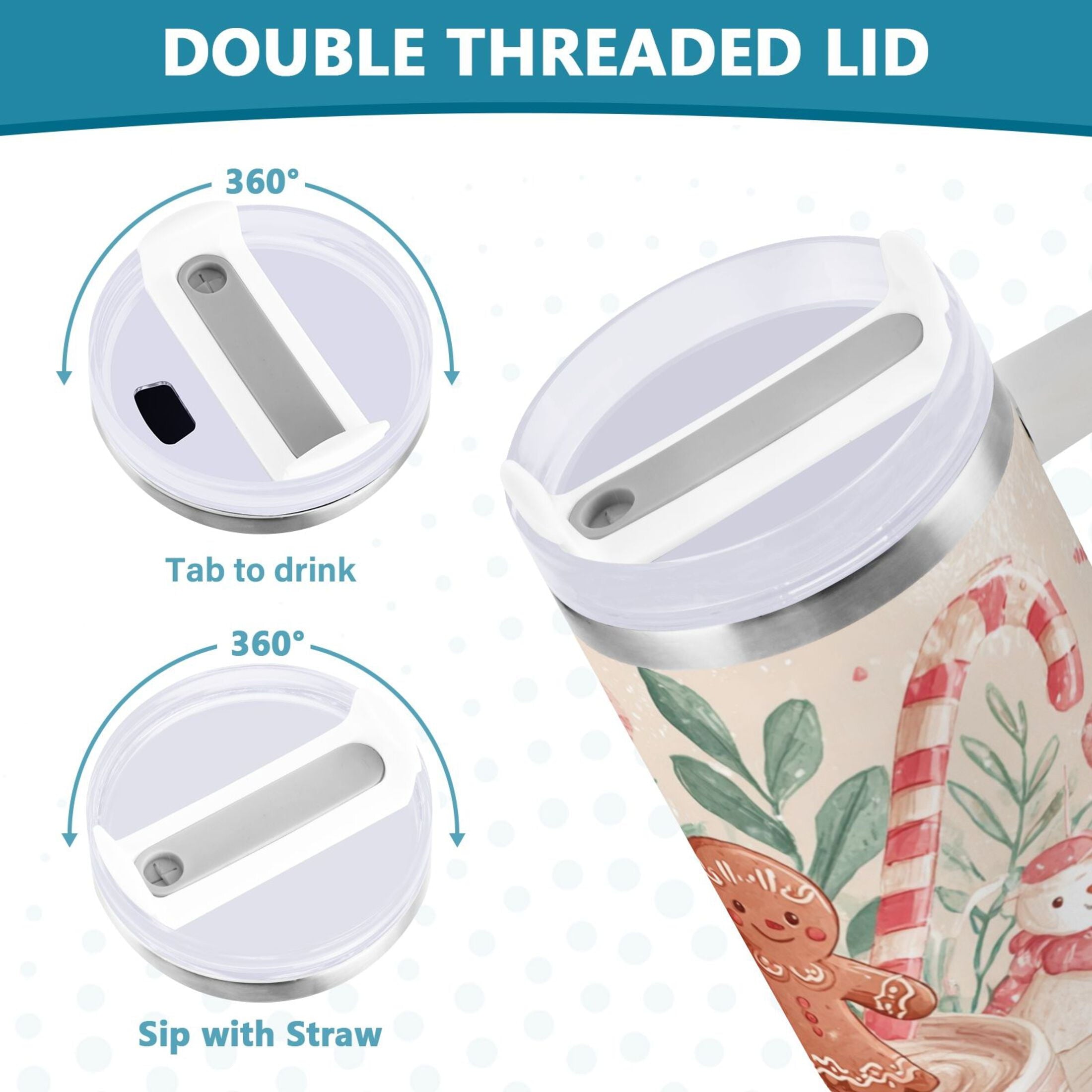 30 oz Insulated Stainless Steel Tumbler Double Wall Stainless Steel Tumbler with 2-Way Drinking Cute Christmas Design C600E