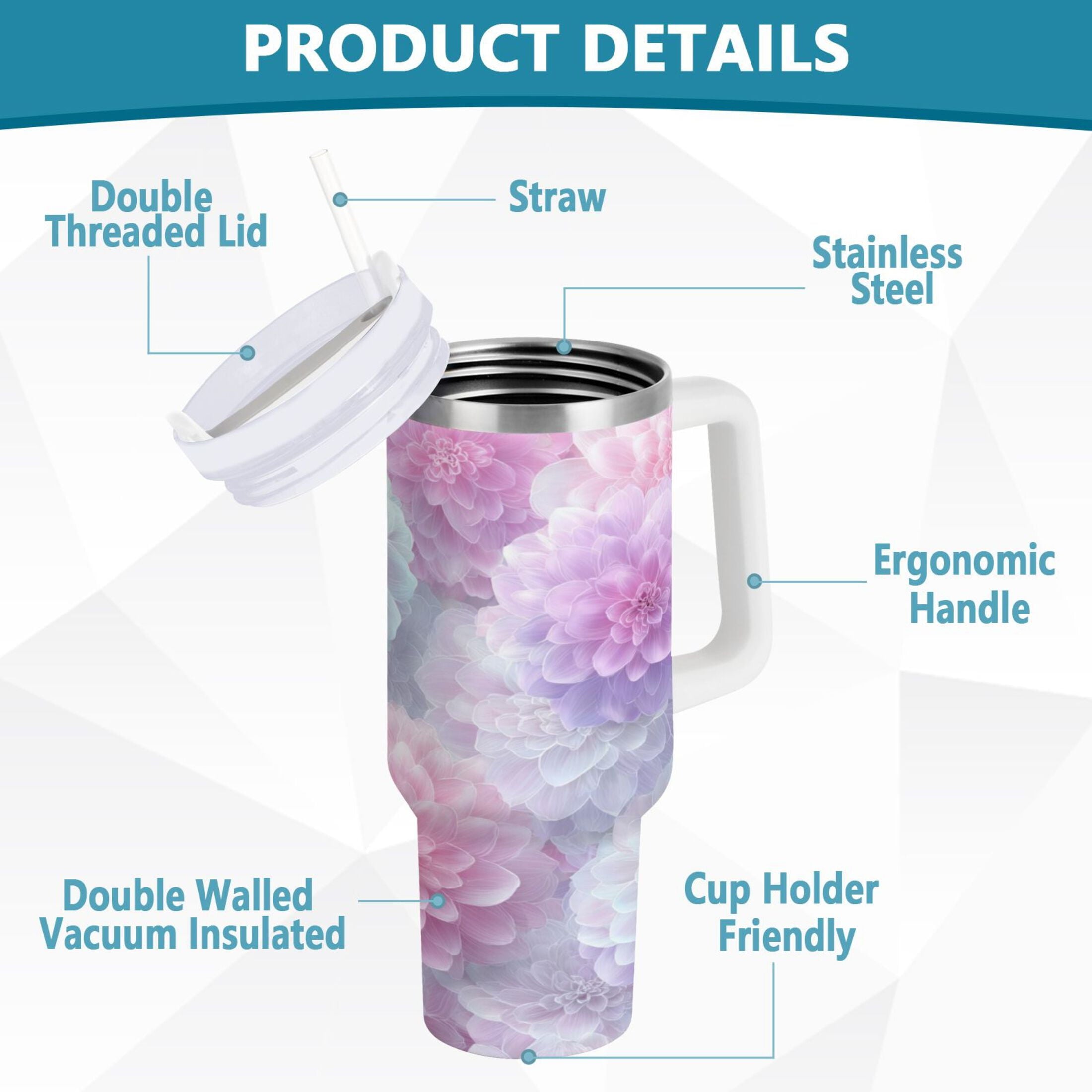 30 oz Insulated Stainless Steel Tumbler Double Wall Stainless Steel Tumbler with 2-Way Drinking Cute Pastel Watercolor Floral C578A
