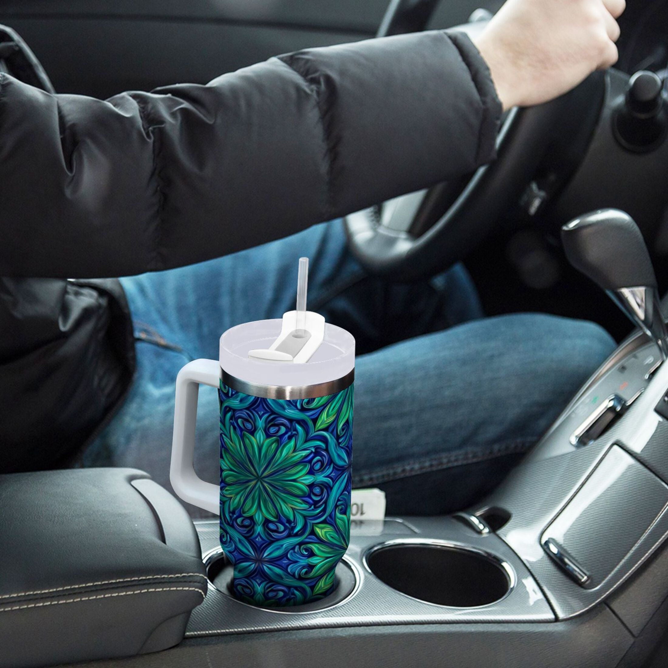 40 oz Insulated Stainless Steel Tumbler Double Wall Stainless Steel Tumbler with 2-Way Drinking Elegant Blue Traditional Patterns C603Q