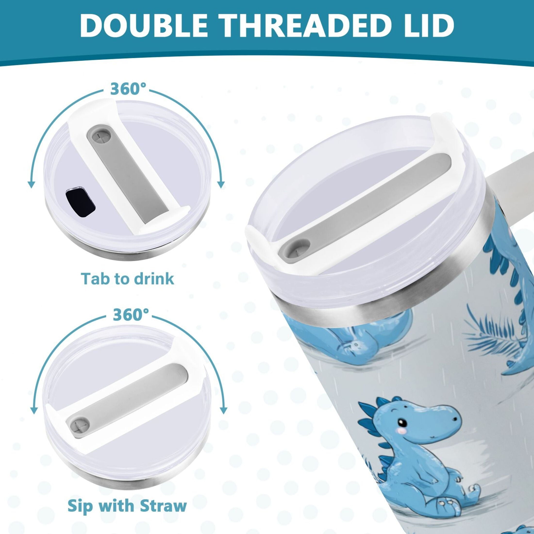 30 oz Insulated Stainless Steel Tumbler Double Wall Stainless Steel Tumbler with 2-Way Drinking Cartoon Blue Dinosaurs C495T
