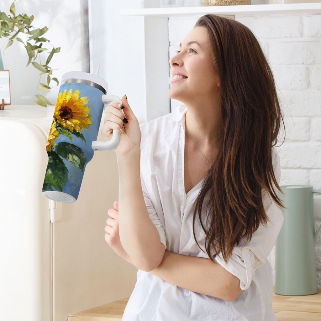 40 oz Insulated Stainless Steel Tumbler Double Wall Stainless Steel Tumbler with 2-Way Drinking Sunflowers Painting C611H