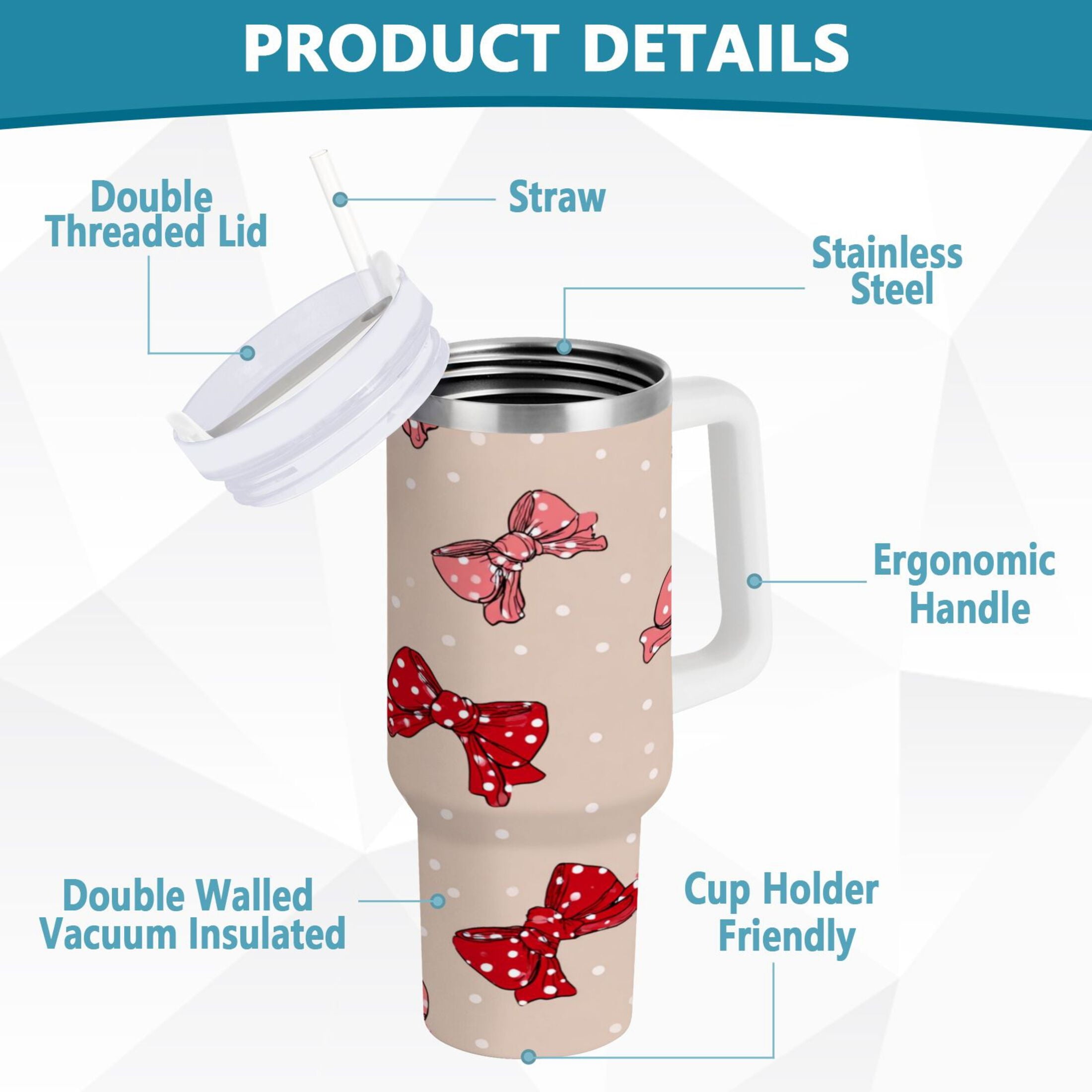 30 oz Insulated Stainless Steel Tumbler Double Wall Stainless Steel Tumbler with 2-Way Drinking Cute Red Bows Pattern C541W