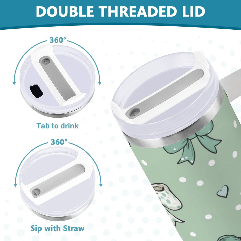 30 oz Insulated Stainless Steel Tumbler Double Wall Stainless Steel Tumbler with 2-Way Drinking Green and Mint Bows C559C