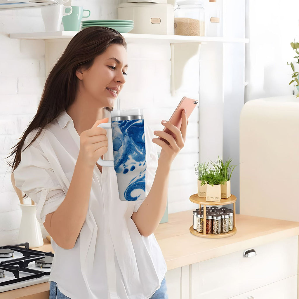 40 oz Insulated Stainless Steel Tumbler Double Wall Stainless Steel Tumbler with 2-Way Drinking Indigo Blue Tie-dye Pattern C632Z