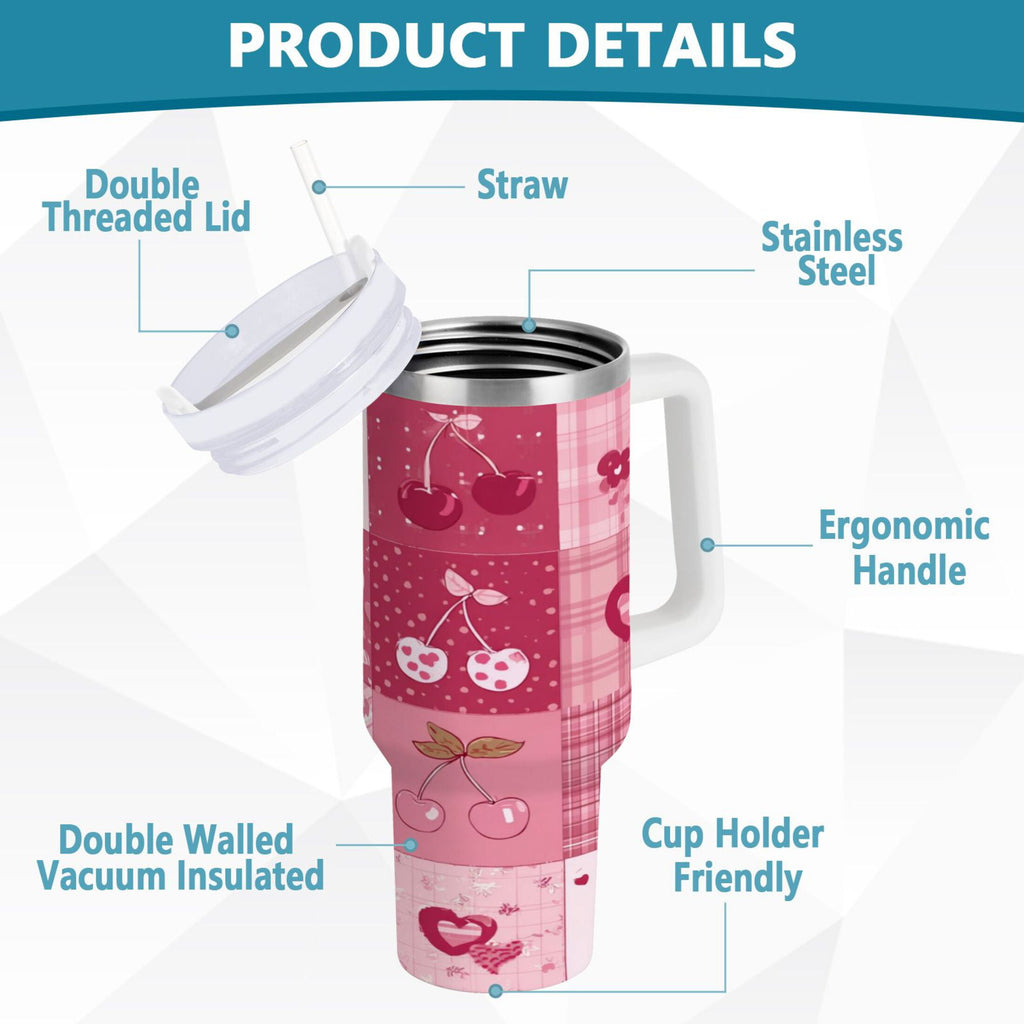 30 oz Insulated Stainless Steel Tumbler Double Wall Stainless Steel Tumbler with 2-Way Drinking Cherry Pattern with Bows C634D