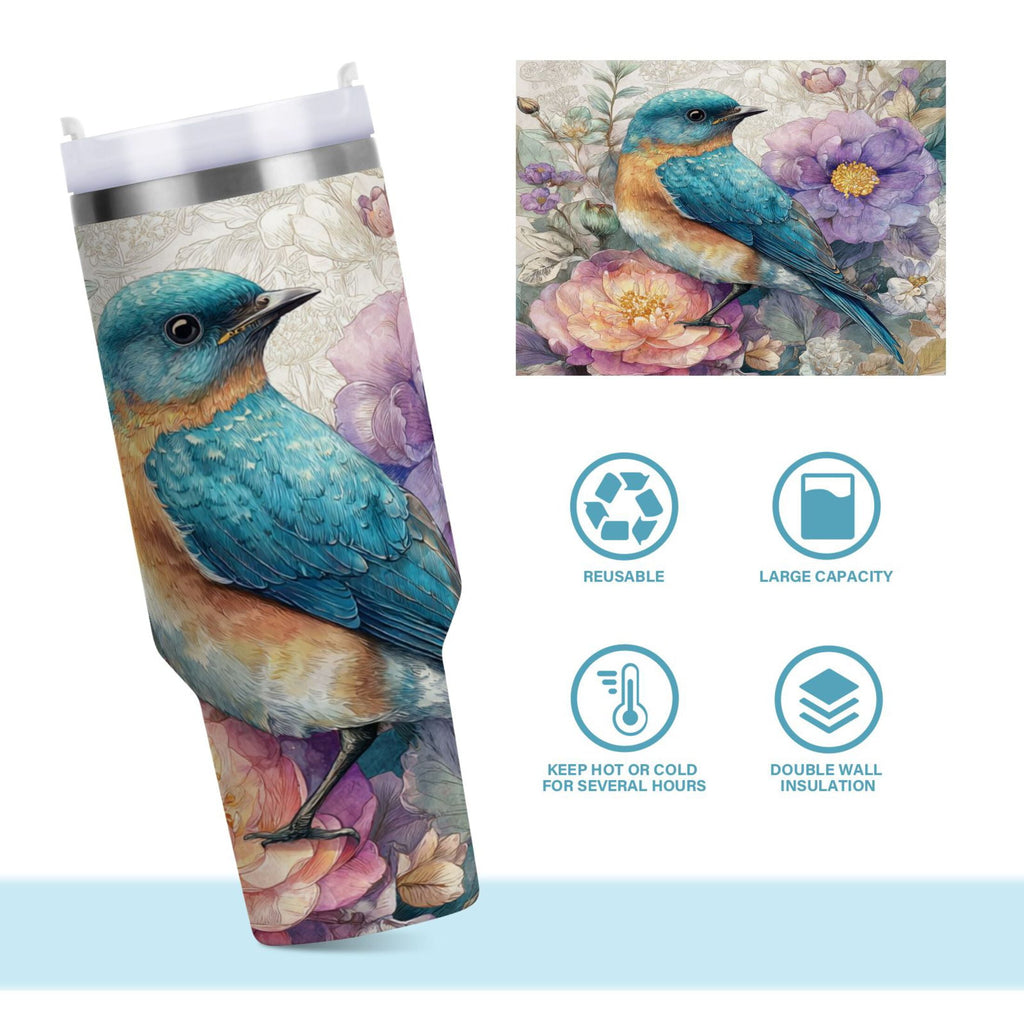 30 oz Insulated Stainless Steel Tumbler Double Wall Stainless Steel Tumbler with 2-Way Drinking Bluebird and Flower C538C