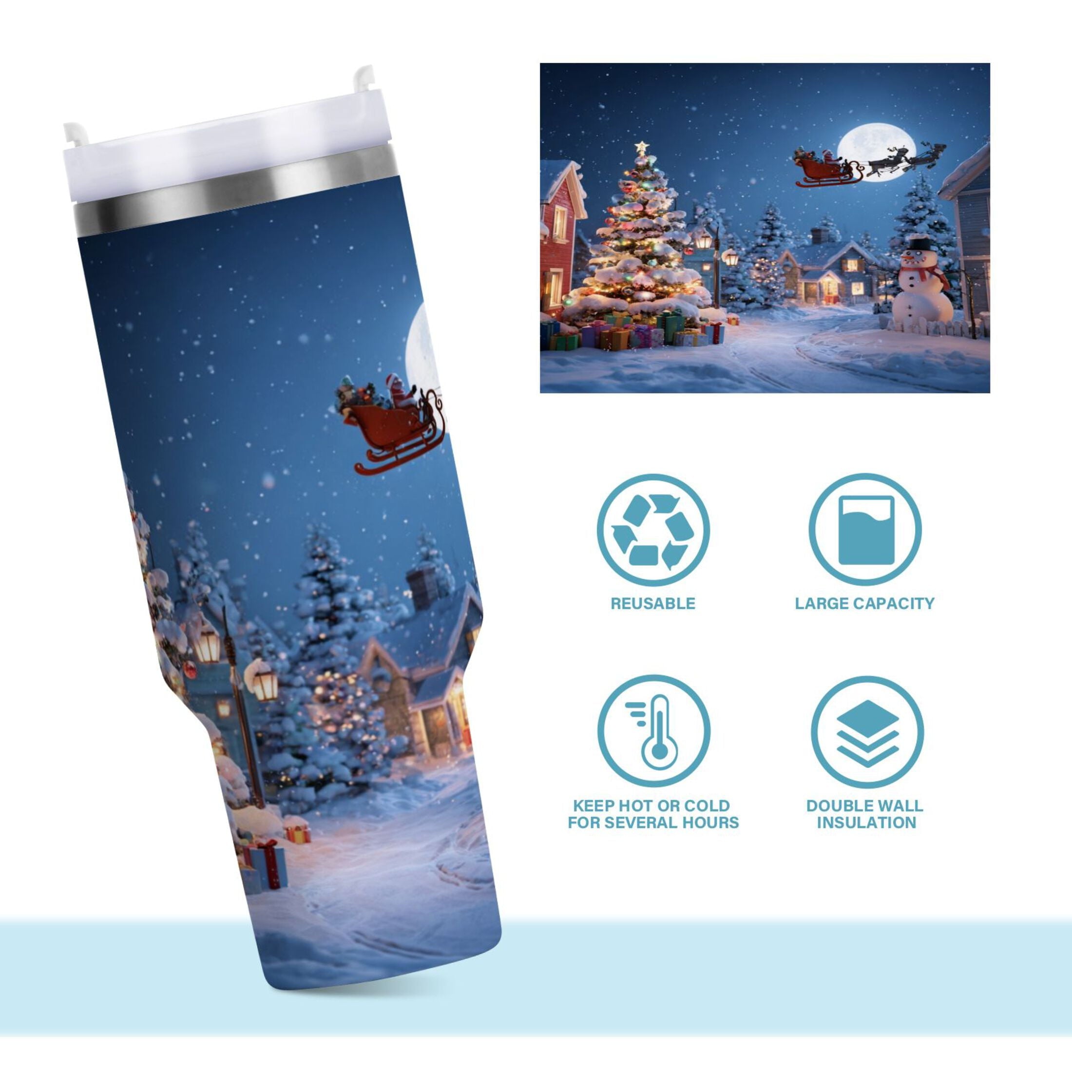 30 oz Insulated Stainless Steel Tumbler Double Wall Stainless Steel Tumbler with 2-Way Drinking Christmas Night Scene C606D