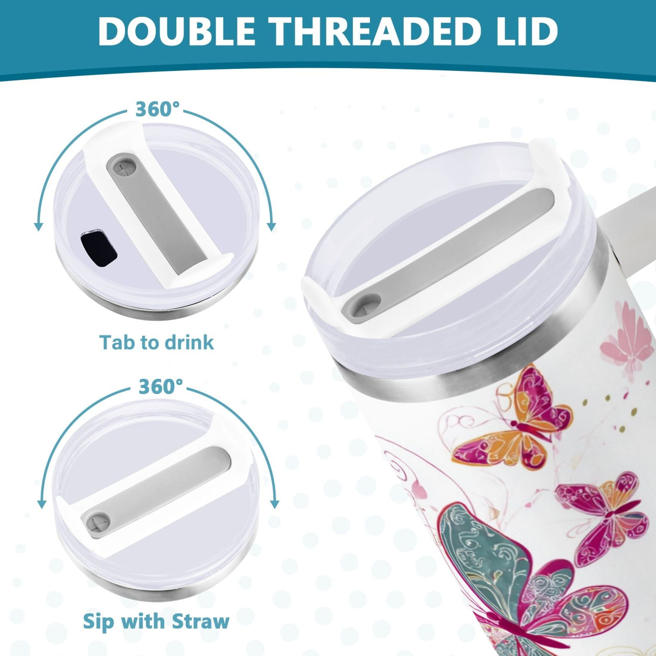 30 oz Insulated Stainless Steel Tumbler Double Wall Stainless Steel Tumbler with 2-Way Drinking Colorful Butterflies C605U