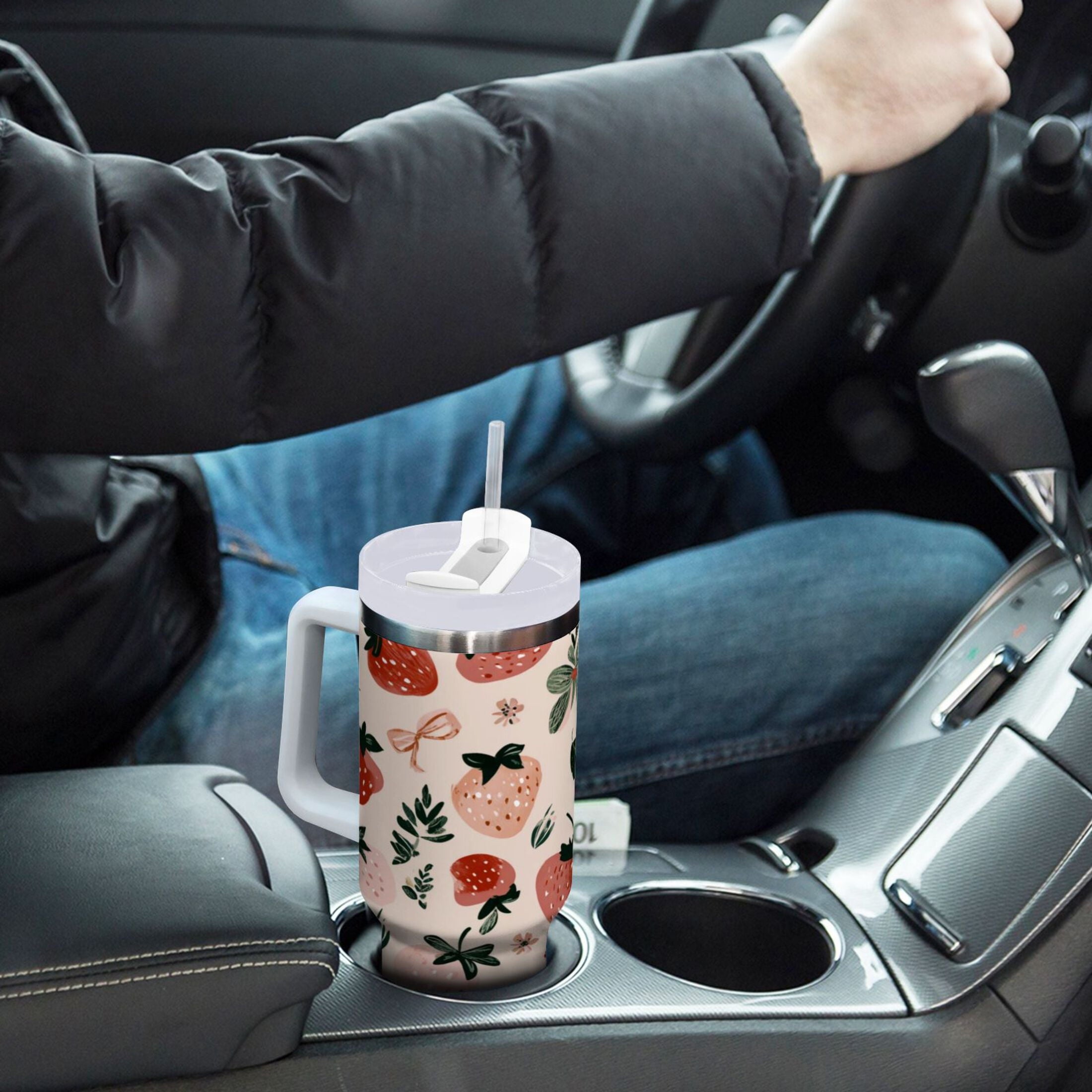 30 oz Insulated Stainless Steel Tumbler Double Wall Stainless Steel Tumbler with 2-Way Drinking Cute Pinks Strawberries C596J