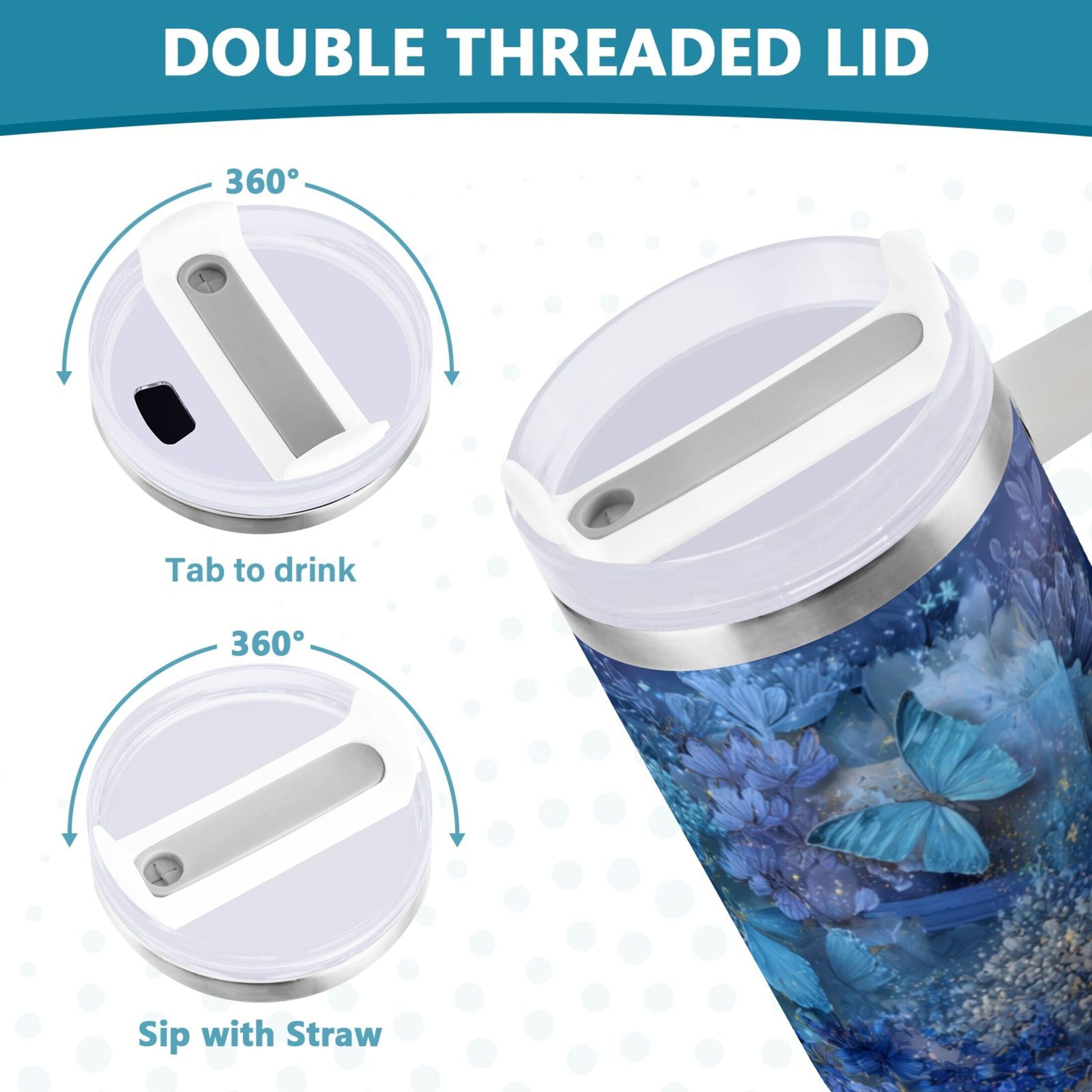 30 oz Insulated Stainless Steel Tumbler Double Wall Stainless Steel Tumbler with 2-Way Drinking Butterflies Books and Flowers C524B