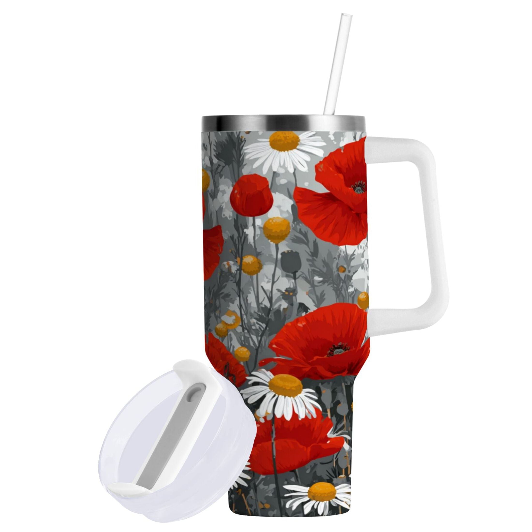 40 oz Insulated Stainless Steel Tumbler Double Wall Stainless Steel Tumbler with 2-Way Drinking Red Flowers and Daisies C498X