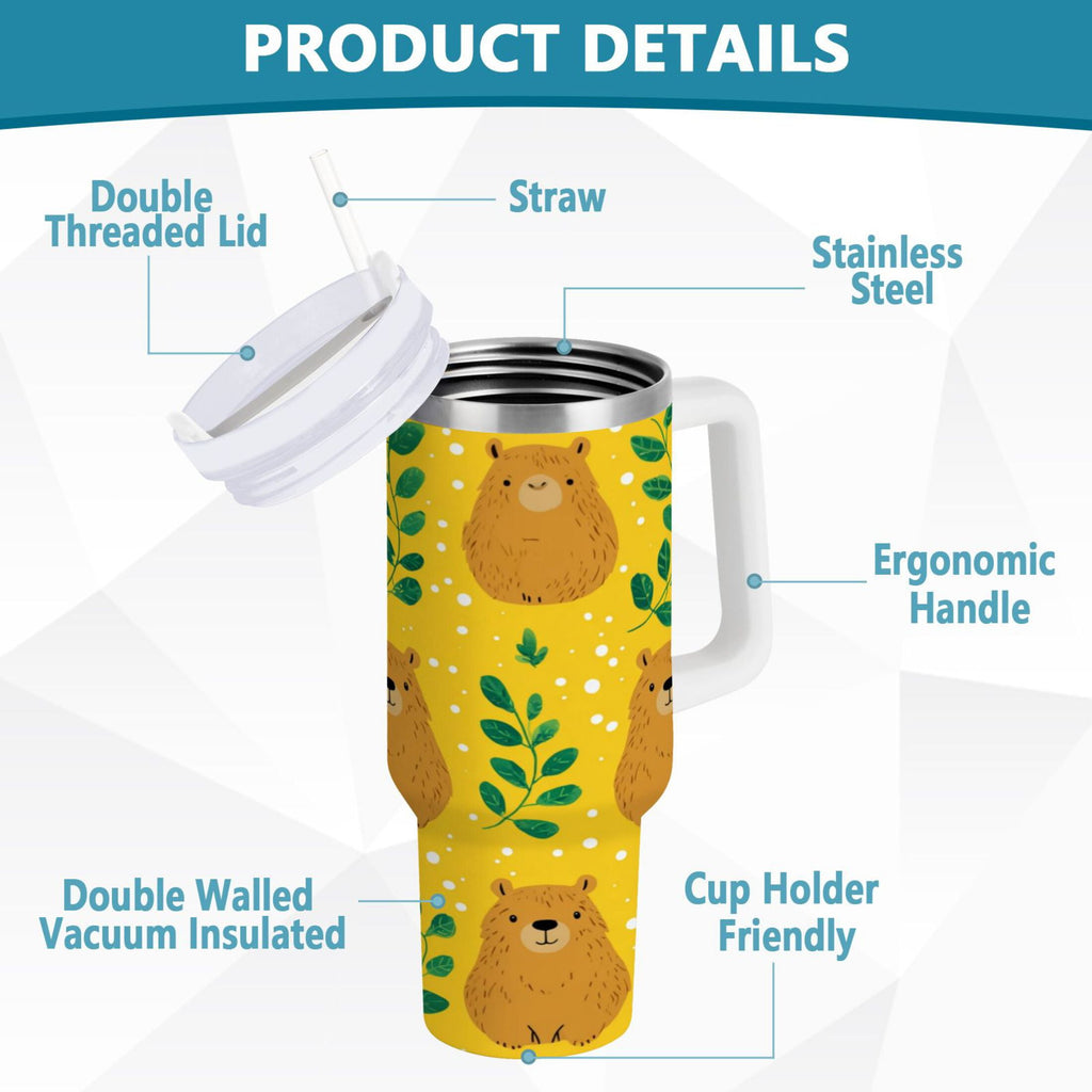 30 oz Insulated Stainless Steel Tumbler Double Wall Stainless Steel Tumbler with 2-Way Drinking Capybara and Green Leaves C658M