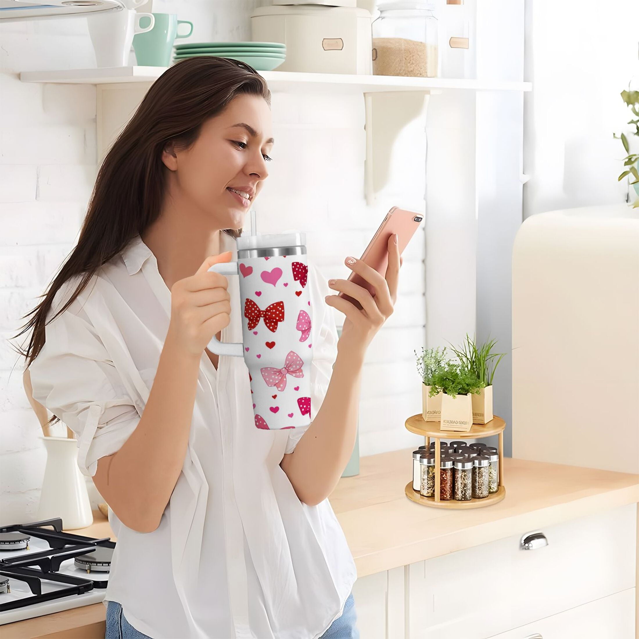 30 oz Insulated Stainless Steel Tumbler Double Wall Stainless Steel Tumbler with 2-Way Drinking Red and Pink Bows C595K