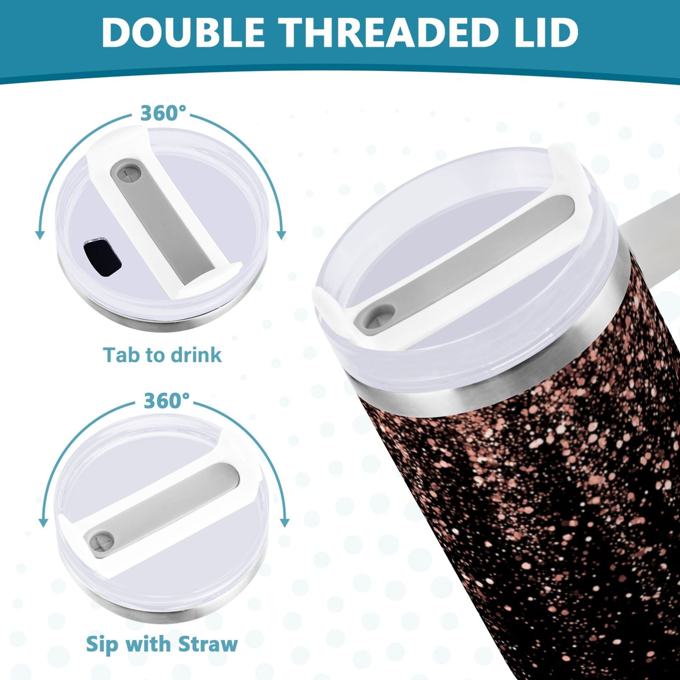 40 oz Insulated Stainless Steel Tumbler Double Wall Stainless Steel Tumbler with 2-Way Drinking Rose Gold Glitter C589Q