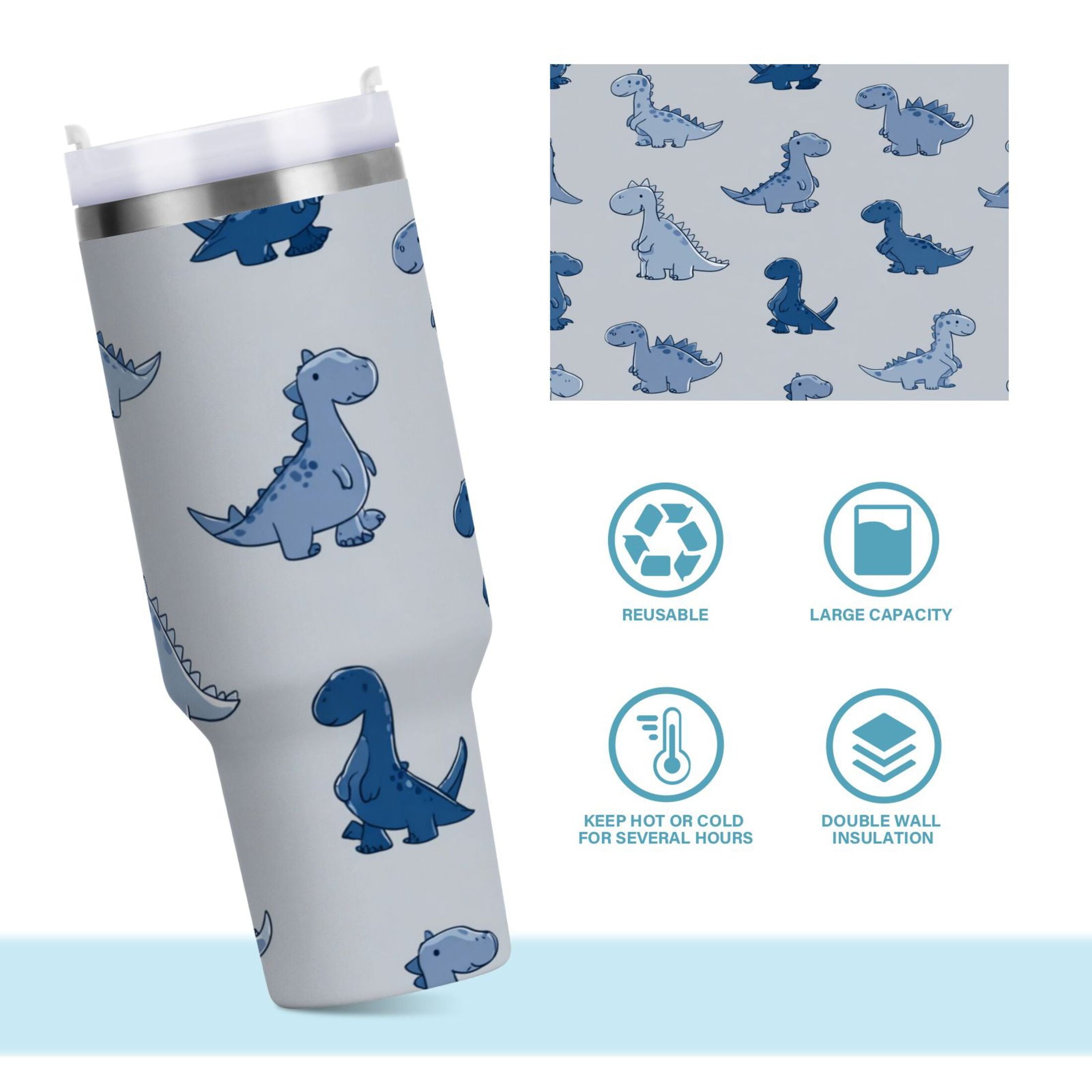 30 oz Insulated Stainless Steel Tumbler Double Wall Stainless Steel Tumbler with 2-Way Drinking Cute Blue Dinosaurs C580T