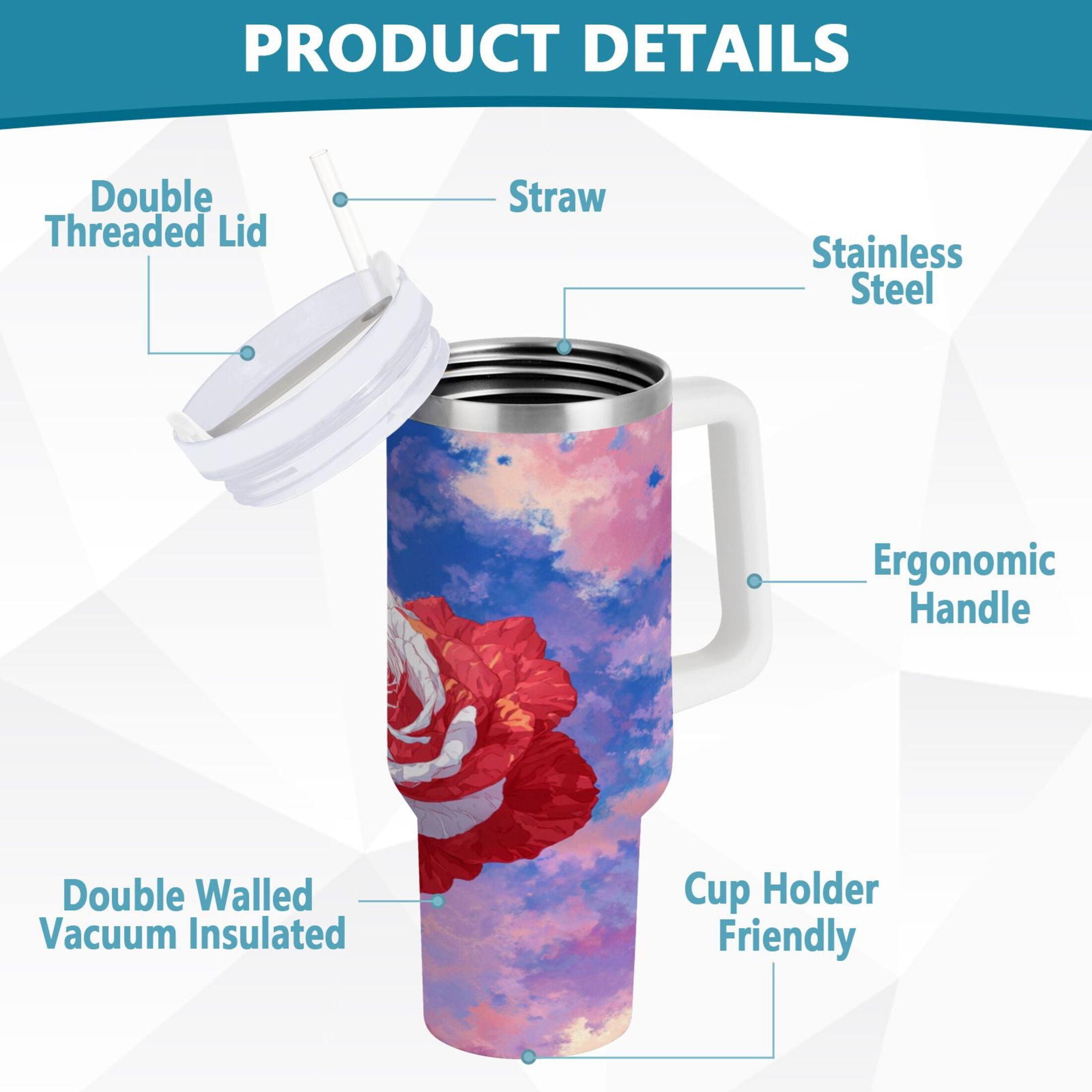 30 oz Insulated Stainless Steel Tumbler Double Wall Stainless Steel Tumbler with 2-Way Drinking Rose with Flag Pattern C547K