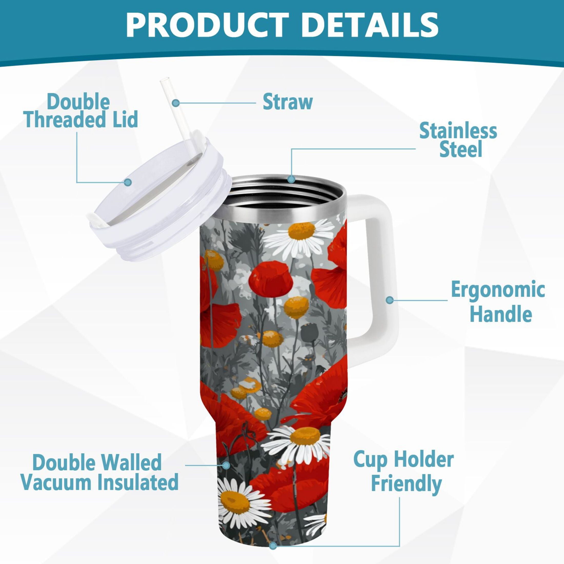 40 oz Insulated Stainless Steel Tumbler Double Wall Stainless Steel Tumbler with 2-Way Drinking Red Flowers and Daisies C498X
