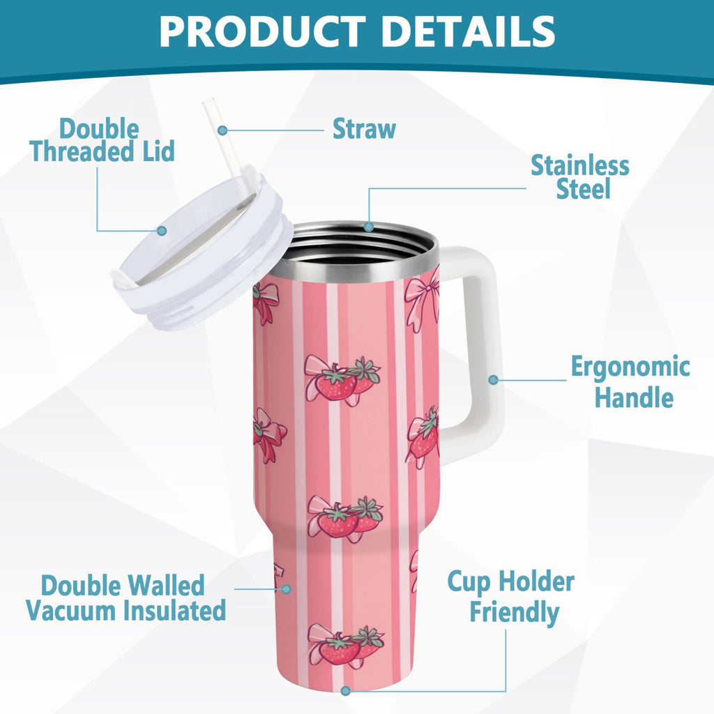 30 oz Insulated Stainless Steel Tumbler Double Wall Stainless Steel Tumbler with 2-Way Drinking Pink Bows and Strawberries C628N