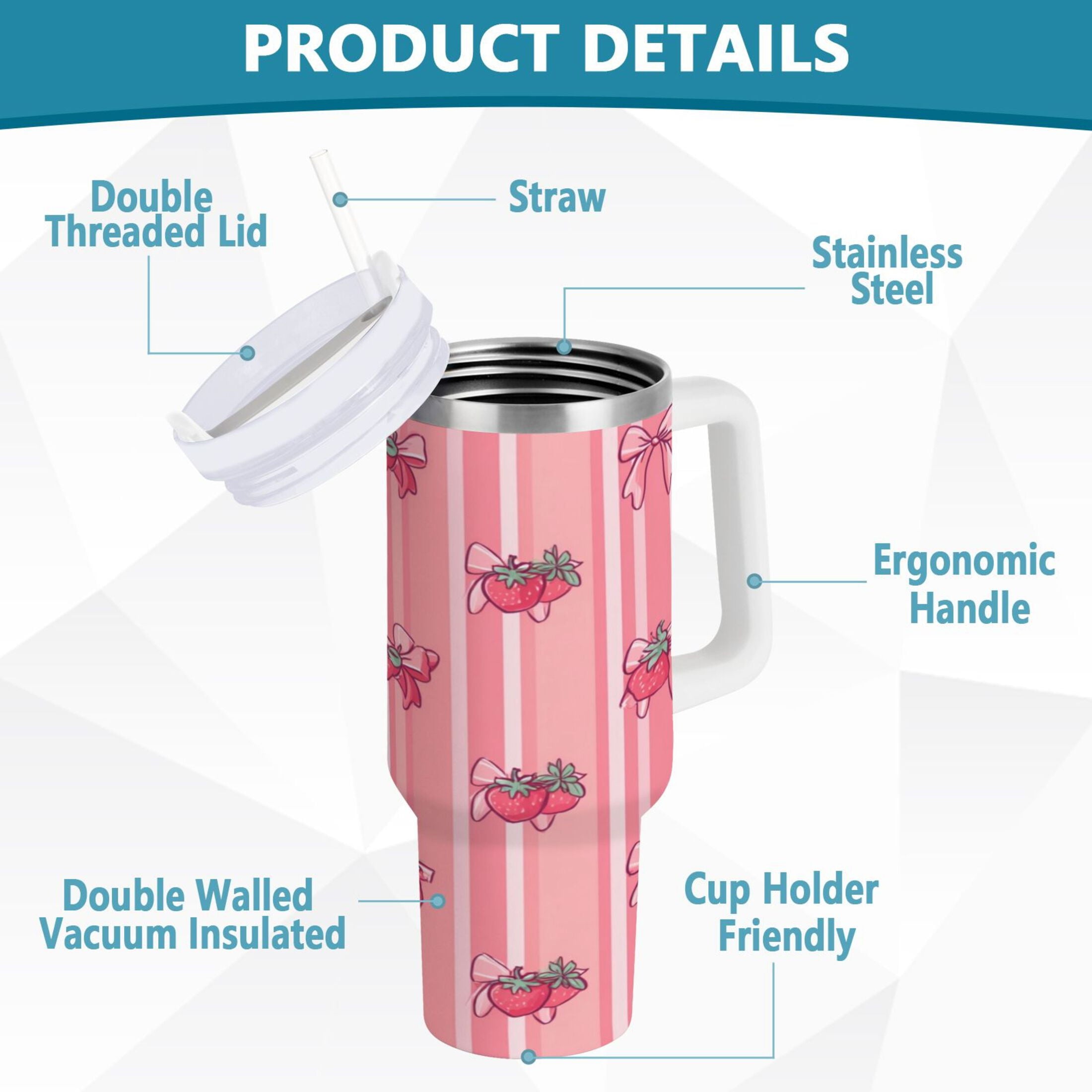 30 oz Insulated Stainless Steel Tumbler Double Wall Stainless Steel Tumbler with 2-Way Drinking Pink Bows and Strawberries C628N