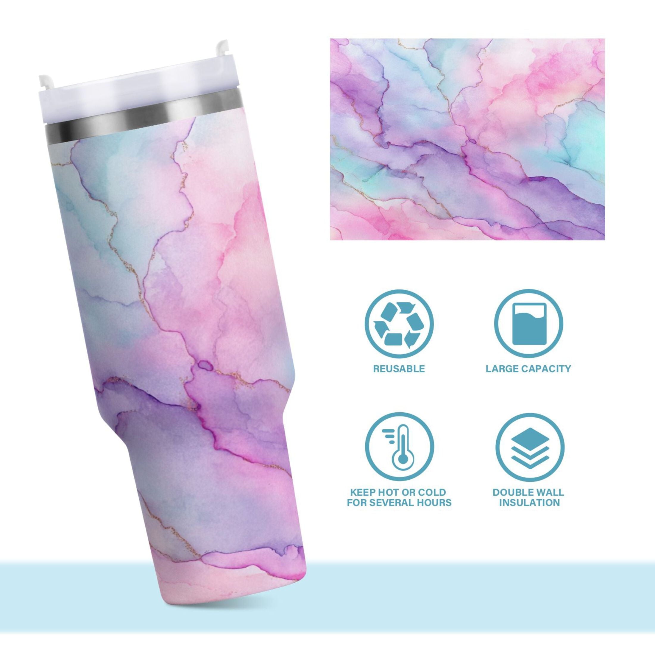 30 oz Insulated Stainless Steel Tumbler Double Wall Stainless Steel Tumbler with 2-Way Drinking Pastel Pink Marble Texture C614P