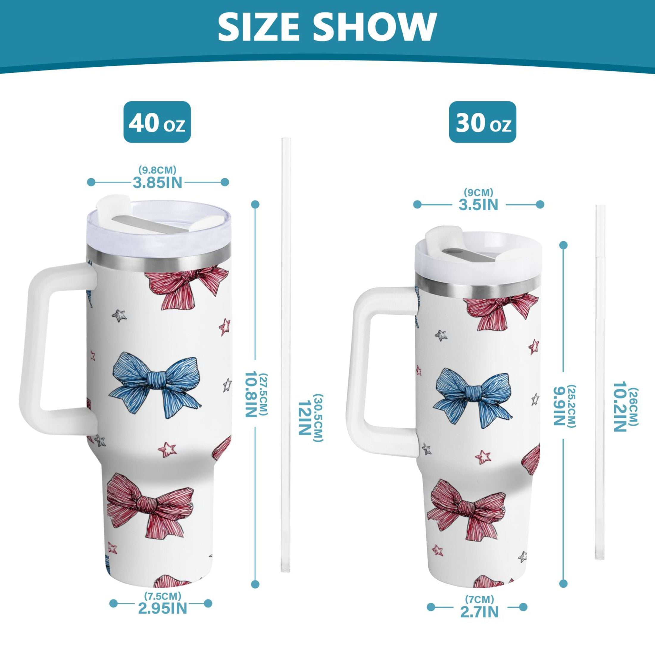 40 oz Insulated Stainless Steel Tumbler Double Wall Stainless Steel Tumbler with 2-Way Drinking Red and Blue Stripes Bows C510P