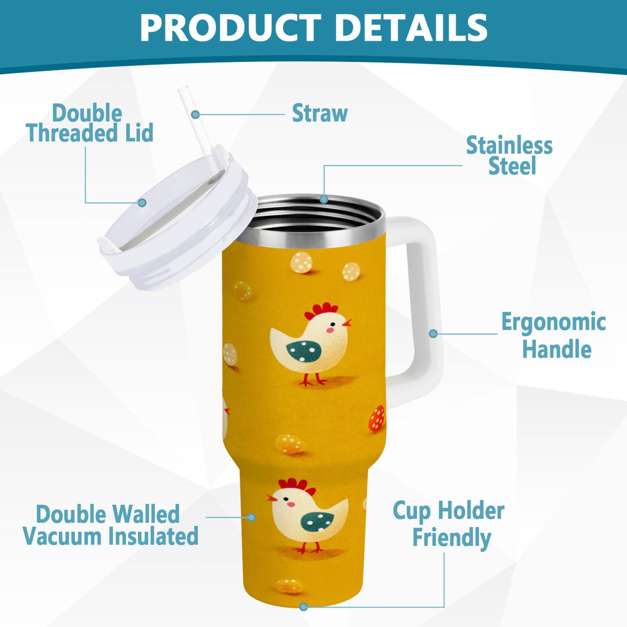 30 oz Insulated Stainless Steel Tumbler Double Wall Stainless Steel Tumbler with 2-Way Drinking Cartoon Chickens Pattern C551G