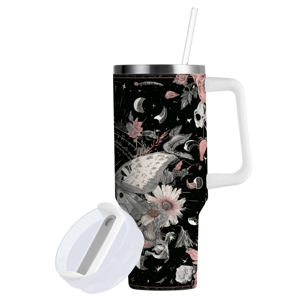 40 oz Insulated Stainless Steel Tumbler Double Wall Stainless Steel Tumbler with 2-Way Drinking Butterfly Surrounded by Flowers C640W