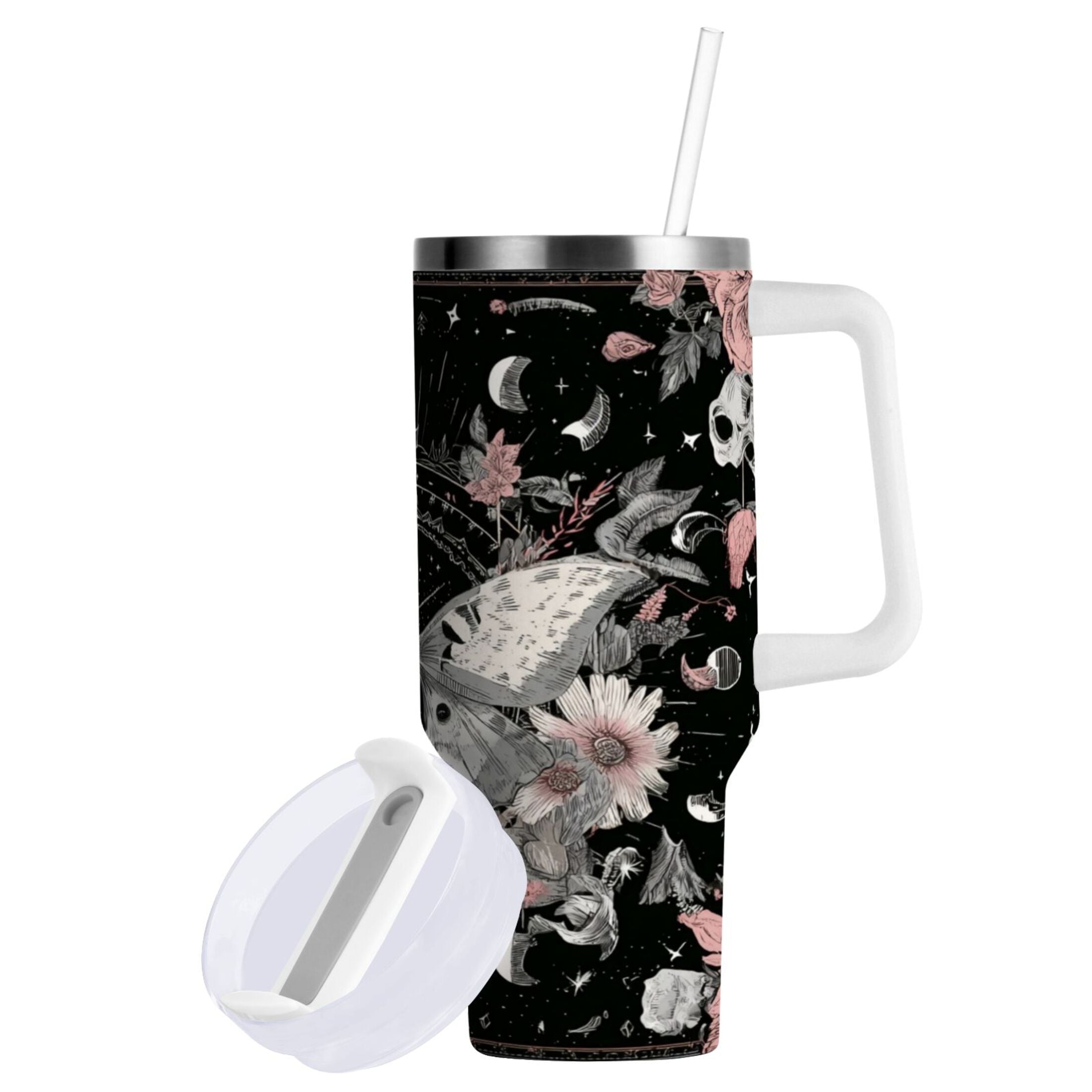 40 oz Insulated Stainless Steel Tumbler Double Wall Stainless Steel Tumbler with 2-Way Drinking Butterfly Surrounded by Flowers C640W