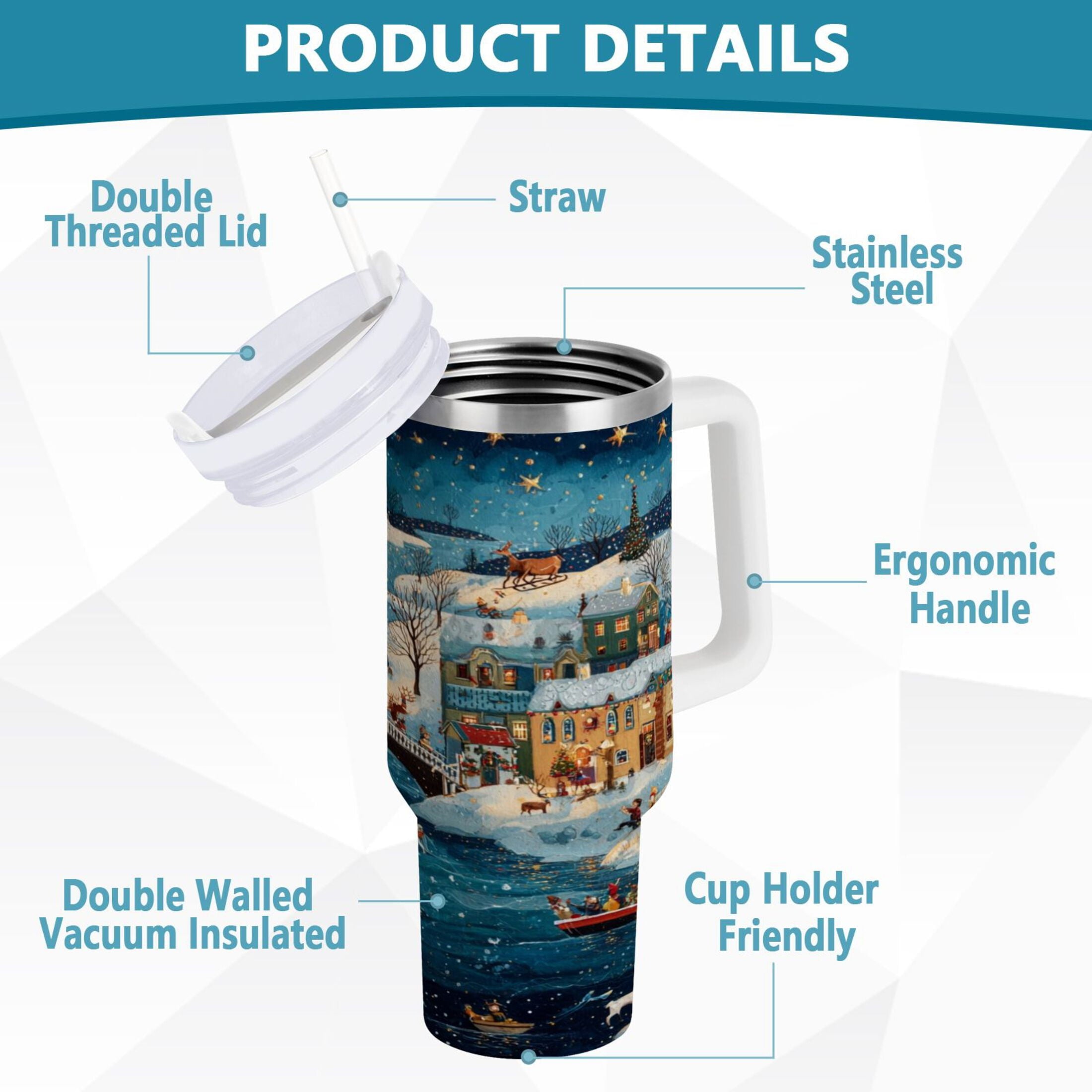 30 oz Insulated Stainless Steel Tumbler Double Wall Stainless Steel Tumbler with 2-Way Drinking Whimsical Christmas Scene C545R